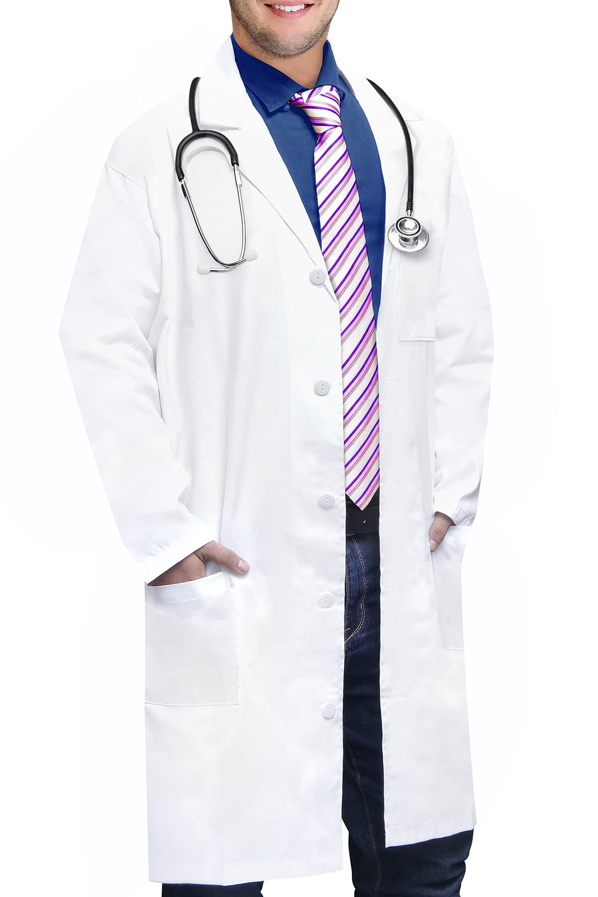 Oakias Men's Cotton Blend Lab Coat - Long Sleeve Professional White Doctor Coat with 3 Pockets - Perfect for Medical Professionals, Scientists & Lab Technicians