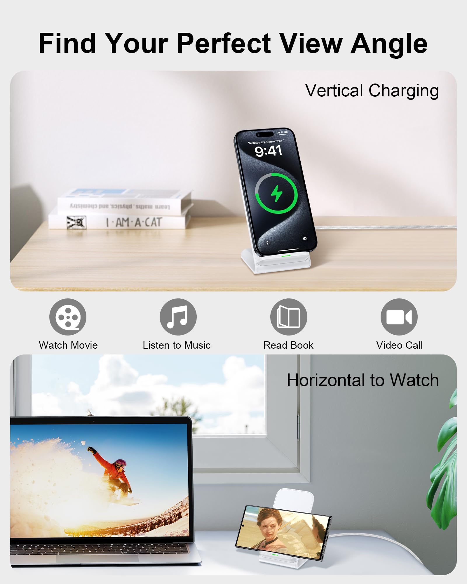 Fast 15W Max Samsung Wireless Charger Stand - QI Certified Phone Charging Dock for Galaxy S24/S23/S22/S21/S9/Z Fold6/Flip6/Note20 & iPhone 16/15 Pro Max/14/13 - Perfect for Office Desk, Nightstand, and Travel Use