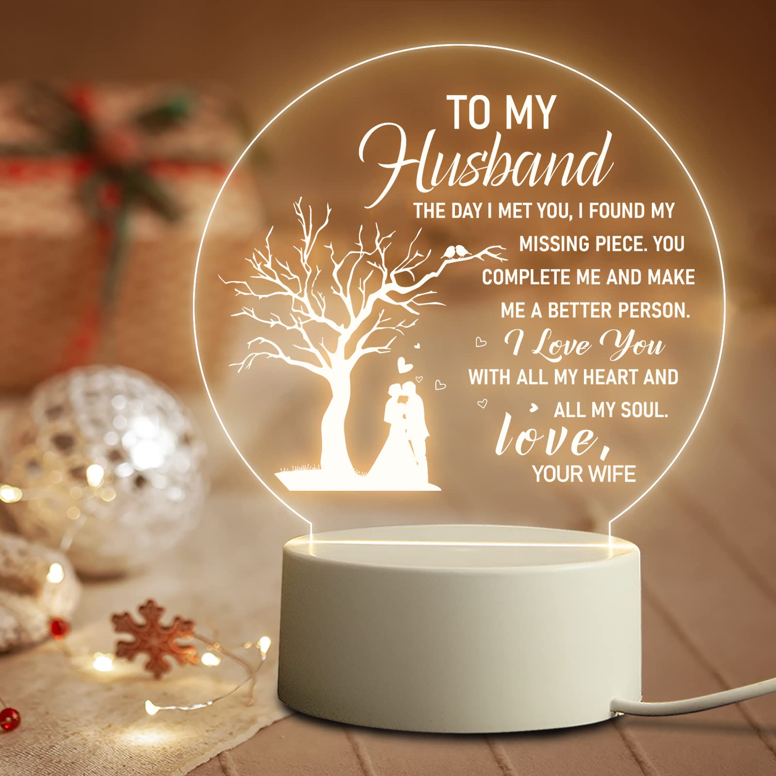 Personalized Engraved Night Light - Romantic Birthday, Anniversary & Wedding Gift for Husband from Wife - Round LED Lamp for Bedroom, Office & Home Decor