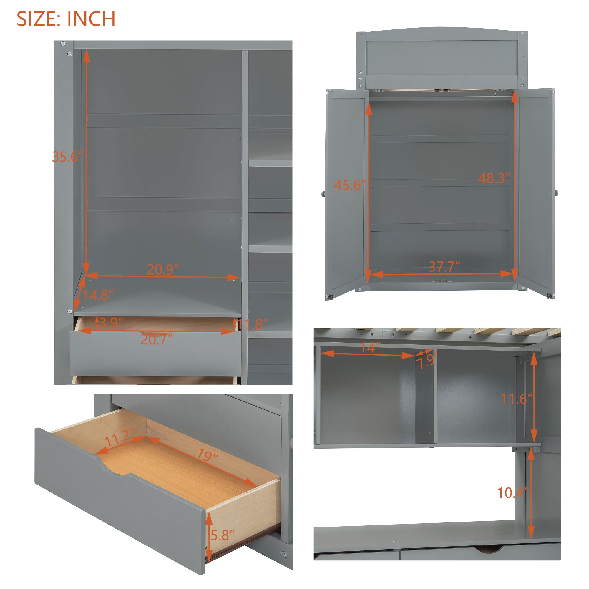 Twin Loft Bed with Desk & Wardrobe - Wooden Kids Bed with Storage for Small Spaces
