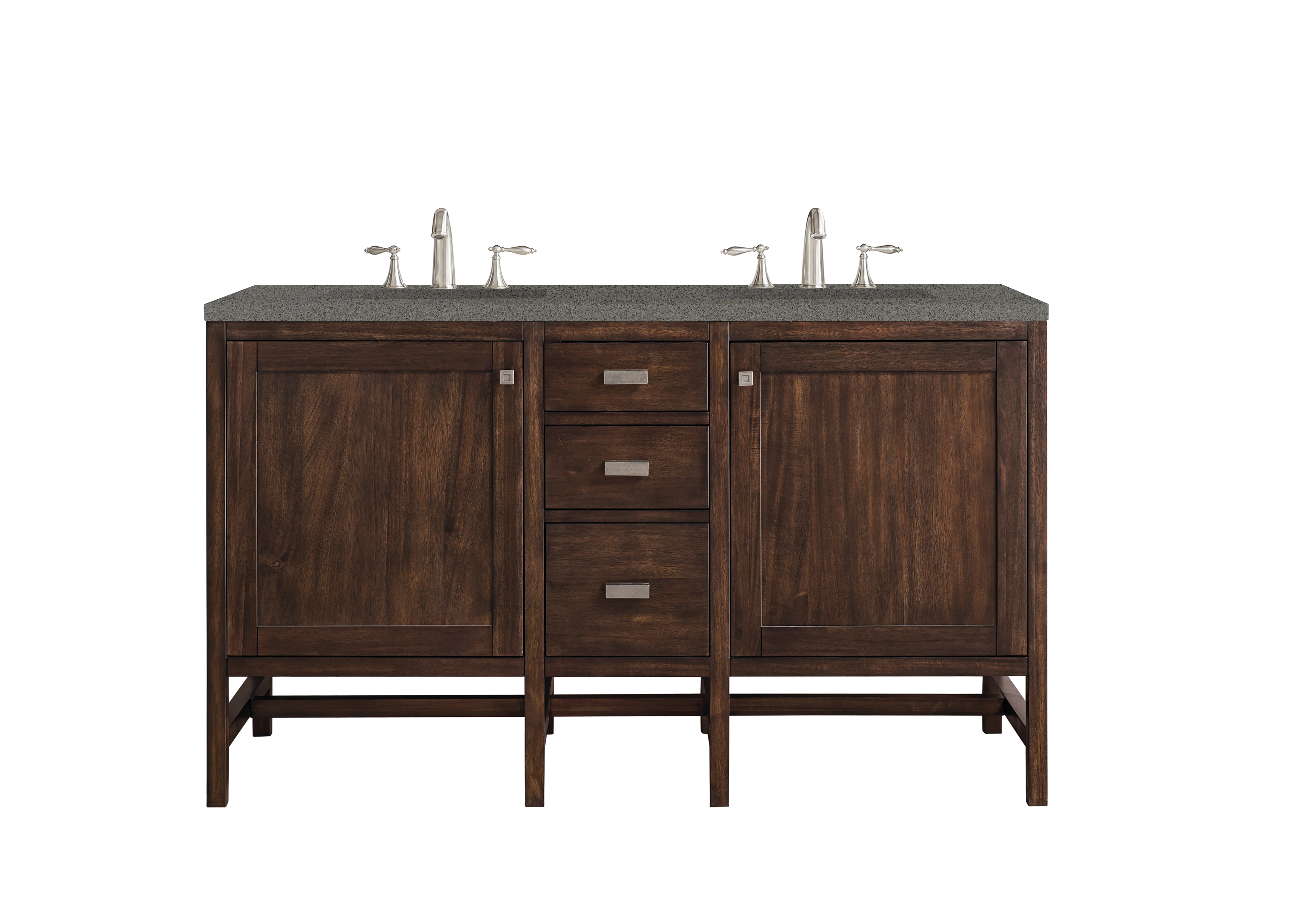 Addison 60 Inch Double Vanity Cabinet with Grey Quartz Top - Mid Century Modern Bathroom Vanity in Acacia Wood | Perfect for Master Bathroom & Guest Bath Remodel