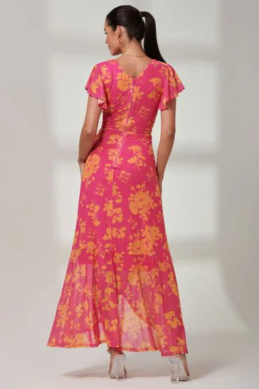Gisselle Ruffle Hem Maxi Dress - Floral Print Summer Beach Dress for Women, Pink Flowy Long Dress for Vacations, Parties & Outdoor Events