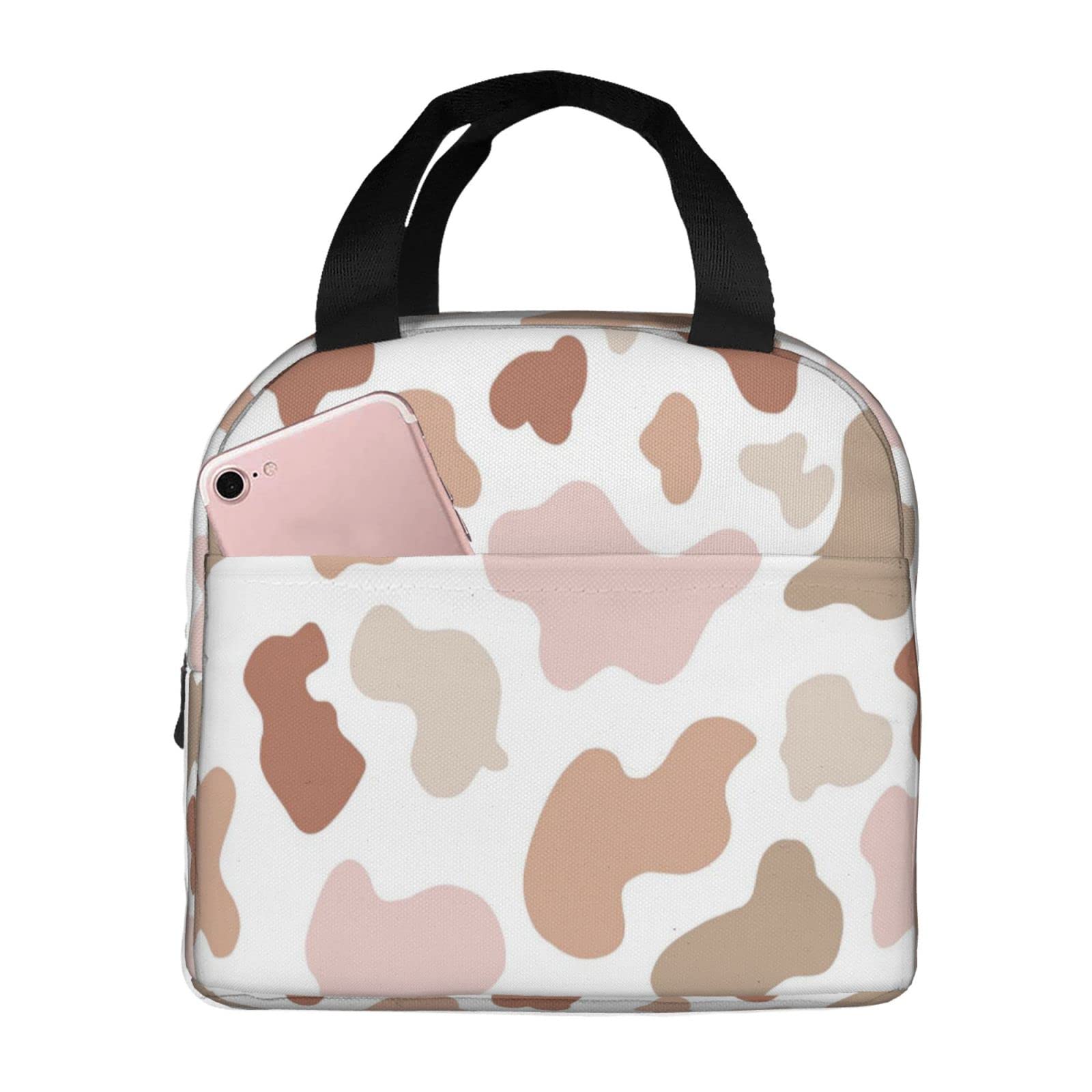 Boho Neutral Cow Print Insulated Lunch Bag for Kids & Women - Reusable Tote Lunch Box for School, Work, Picnics & Outdoor Activities