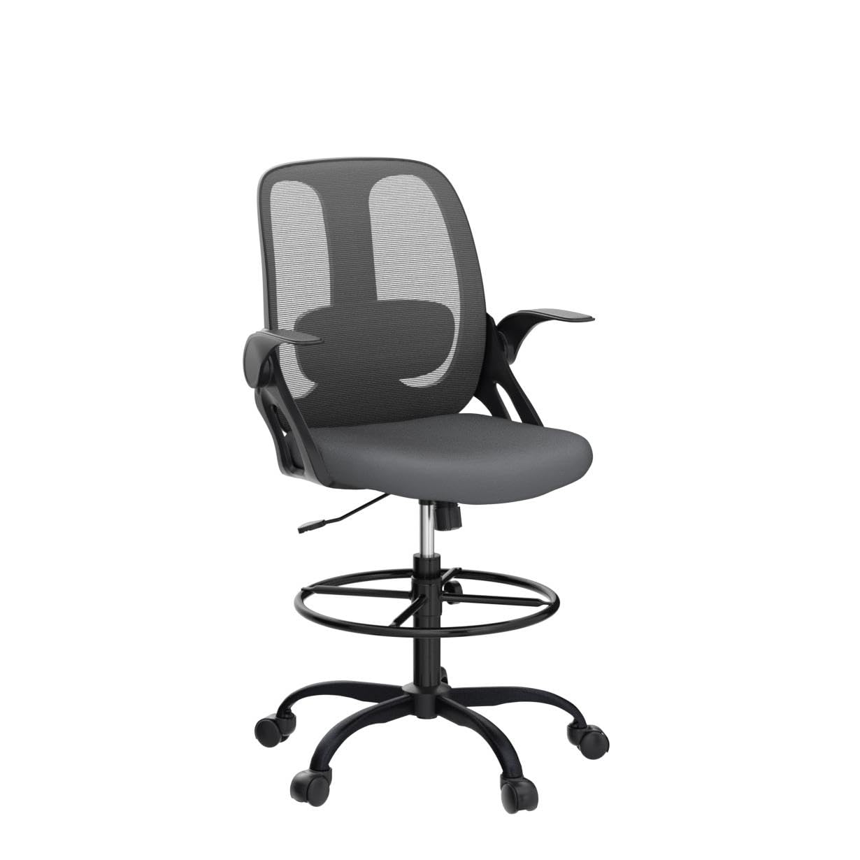 Ergonomic Drafting Chair with Adjustable Lumbar Support & Flip-Up Armrests - High Office Stool with Footrest Ring for Standing Desks - Dark Gray Executive Computer Chair for Architects, Designers & Home Office Use