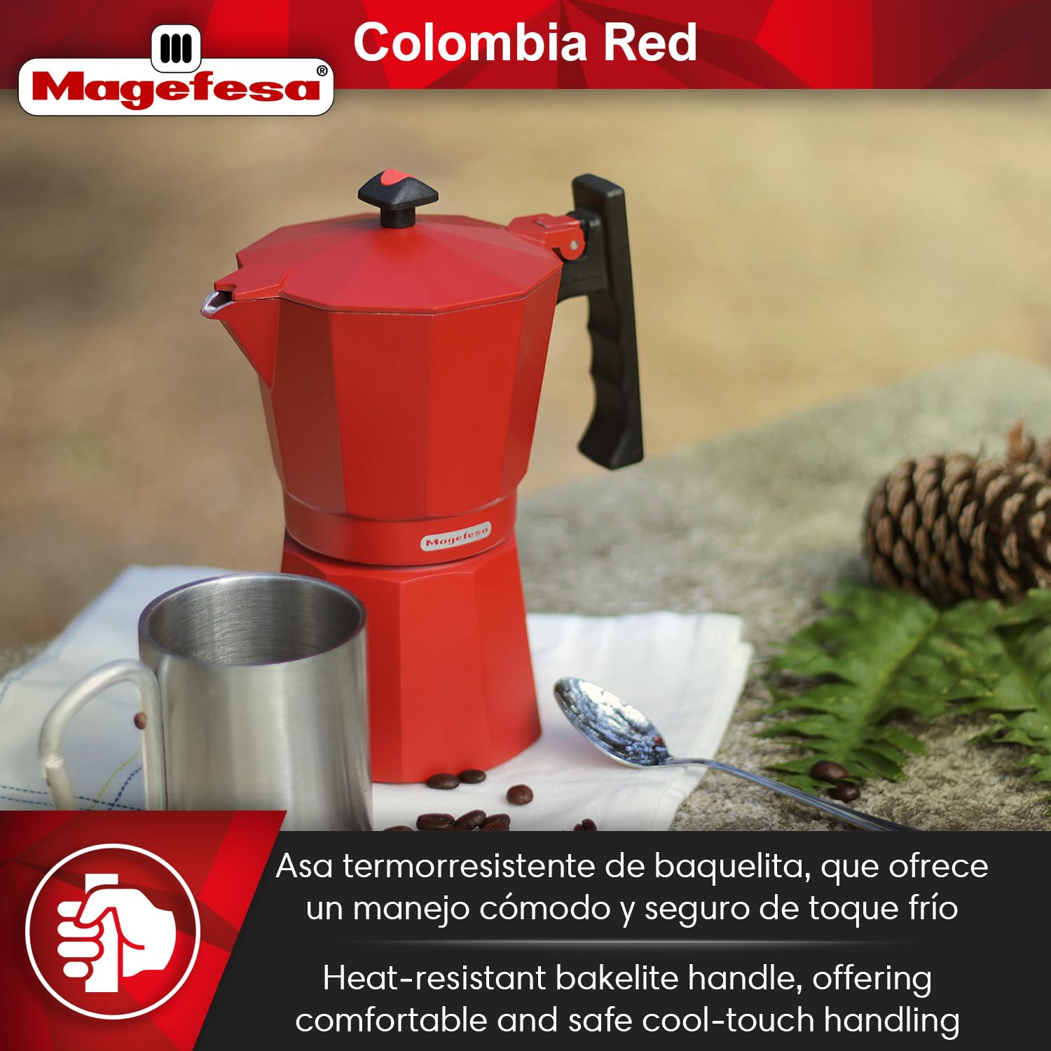 MAGEFESA Colombia Red Stovetop Espresso Moka Pot - 6 Cup (10 oz) Italian Coffee Maker for Cuban Coffee | Extra-Thick Aluminum with Heat-Resistant Handle | Safe & Easy-to-Use Greca Coffee Maker for Home, Office, Camping & Gifts