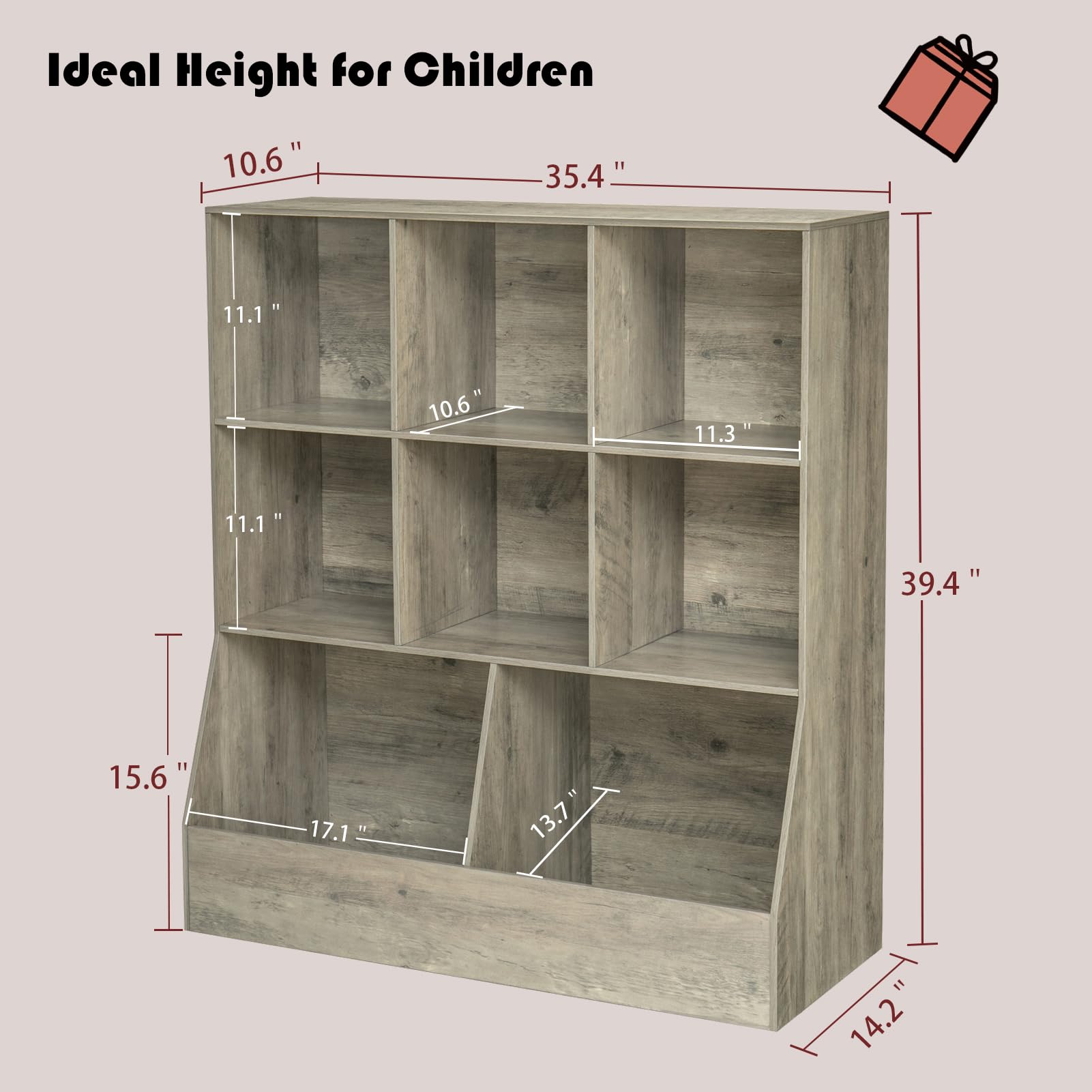 DINZI LVJ Wooden Toy Storage Organizer & Kids Bookshelf - 8-Cubby Bookcase for Toys & Books - Gray Wash 35.4