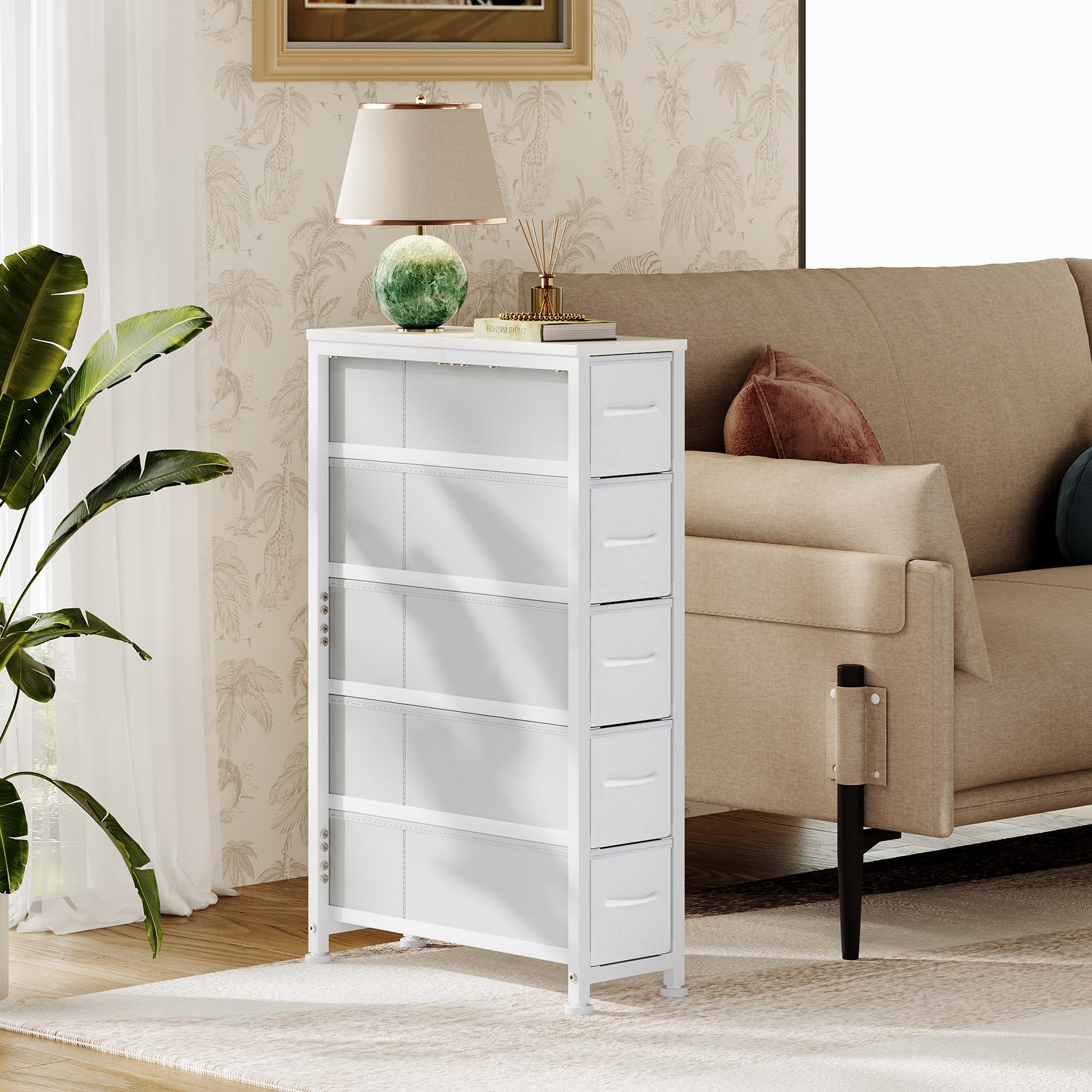 Slim 5-Drawer Narrow Dresser Storage Tower with Steel Frame & Wood Top - Space-Saving Chest of Drawers for Bedroom, Bathroom, Laundry Room, Closet & Small Spaces (White) | Perfect for Apartment Living, Dorm Rooms & Tight Spaces