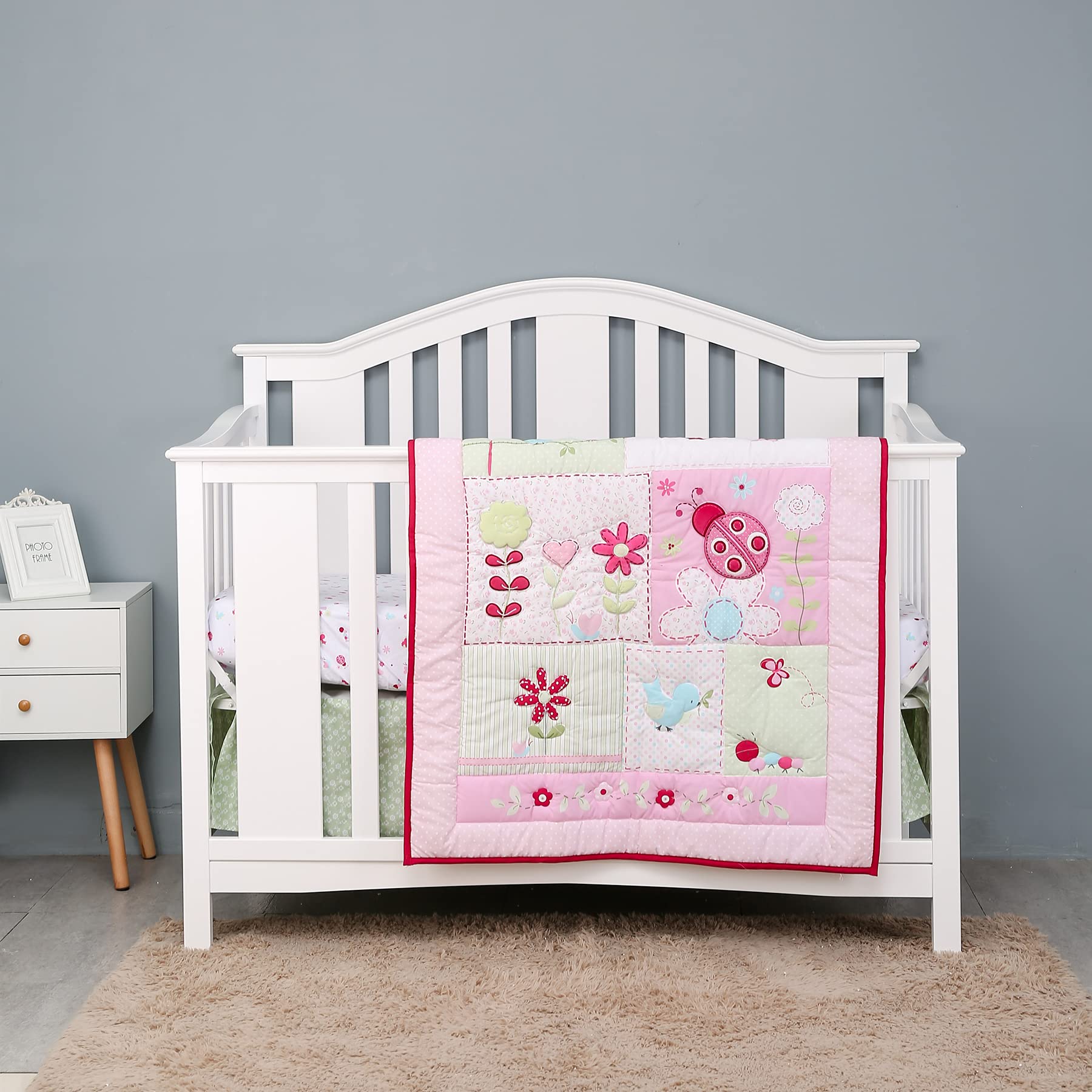 4-Piece Pink Ladybug Nursery Bedding Set - Embroidery Crib Set with Quilt, Skirt & 2 Fitted Sheets - Garden Butterfly Theme Baby Girl Bedding for Crib & Cot - Perfect for Nursery Decor, Baby Shower Gifts & Newborn Essentials