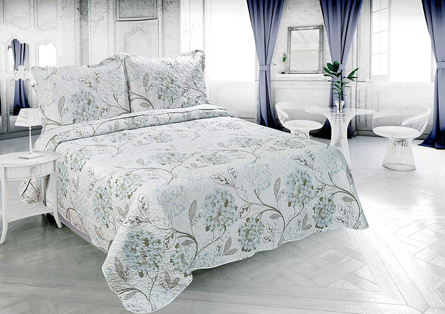 Pinsonic Floral 3-Piece Bedding Set - Queen Size Pastel Marine Quilt Coverlet & Bedspread | Soft Luxury Bedroom Decor for Guest Rooms & Coastal Themed Homes