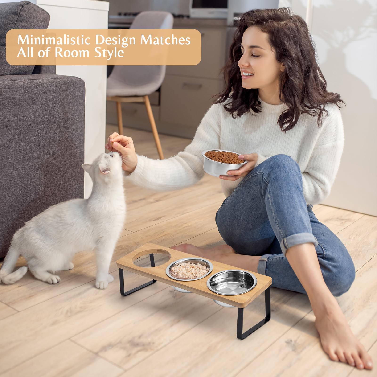 Loplurea 15° Tilted Elevated Cat Bowls - 3 Stainless Steel Raised Cat Food & Water Bowls with Bamboo Stand, Anti-Vomit Feeding Station for Indoor Kittens & Adult Cats - Perfect for Digestive Health & Mess-Free Mealtime