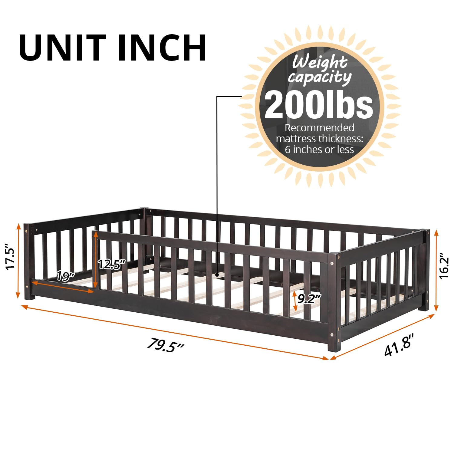 Montessori Twin Floor Bed for Kids - Solid Wood Frame with Sturdy Slats & Safety Rail - Durable Toddler Bed for Boys, Girls & Teens - Espresso Finish - Perfect for Montessori Rooms, Daycare or Small Spaces