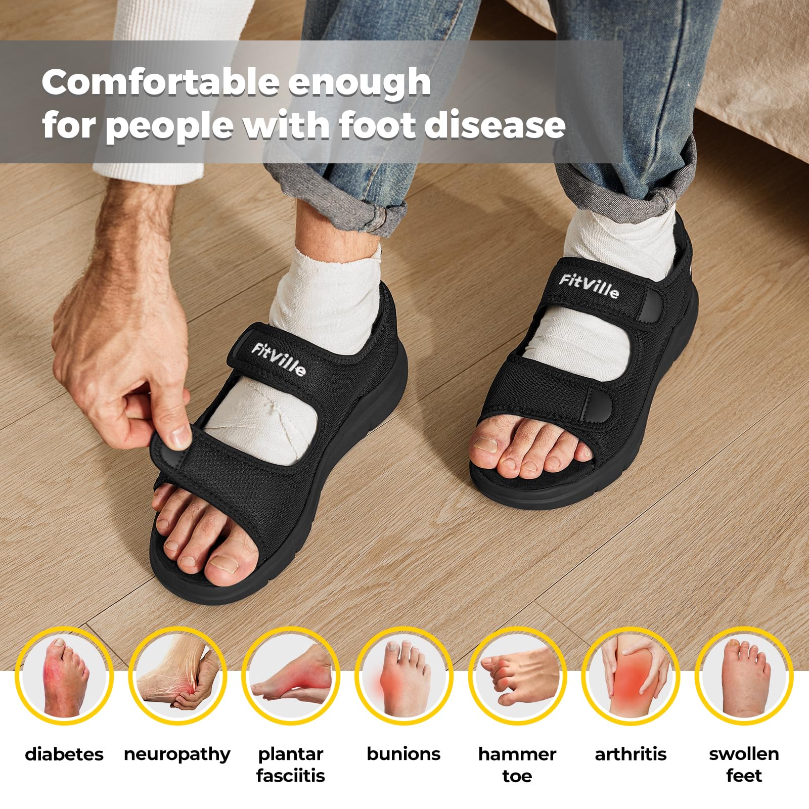 FitVille Diabetic Sandals for Men - Wide Width Orthopedic Sandals with Arch Support & Adjustable Straps - Ideal for Diabetics, Elderly & Plantar Fasciitis Relief - Perfect for Walking, Travel & Daily Comfort