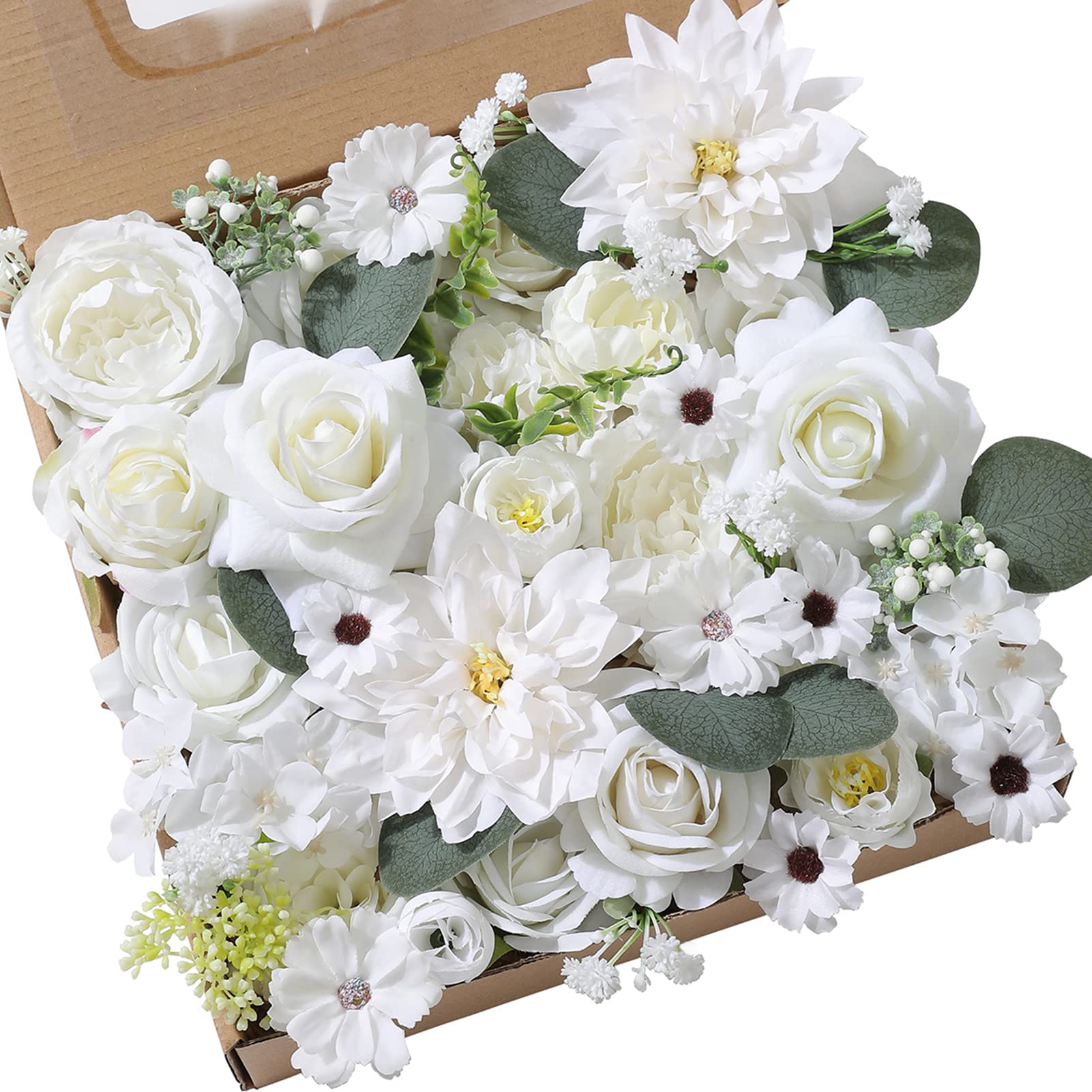 YYHUAWU Artificial Flowers Combo Set - 24pcs Fake Flowers with Stems & Leaves for DIY Wedding Bouquets, Centerpieces, Home Decor, Baby Shower Party Decorations - Realistic White Floral Arrangement Kit for Table Decor, Vase Filler, Gift Wrapping