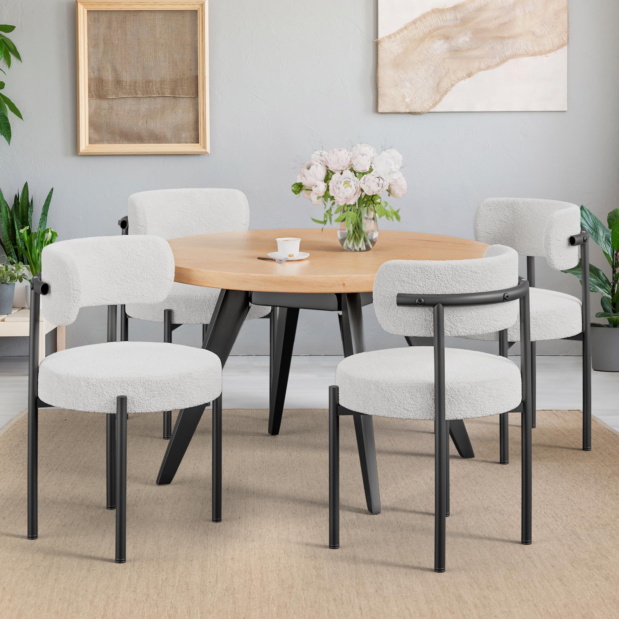 Boucle Dining Chairs Set of 4 - White Mid Century Modern Upholstered Chairs with Curved Backrest & Metal Legs | Cozy Sherpa Fabric | Perfect for Kitchen, Dining Room, Breakfast Nook & Small Spaces