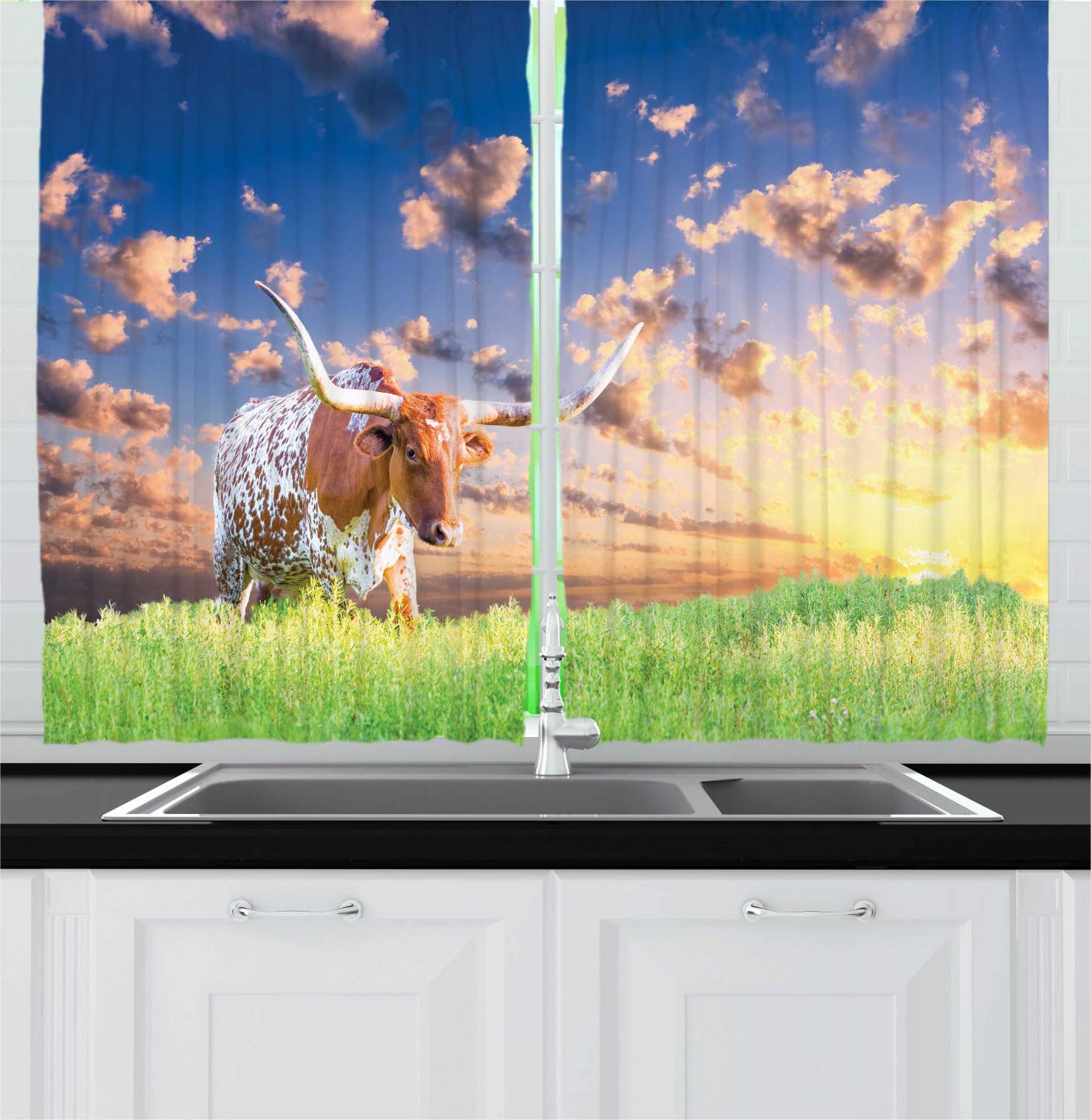 Ambesonne Longhorn Kitchen Curtains - Sunrise Pasture Landscape Print with Female Cow & Cloudy Sky, 2-Panel Window Drapes for Kitchen & Cafe Decor, 55x39 Inches, Multicolor - Perfect for Farmhouse, Country Style & Rustic Home Decor