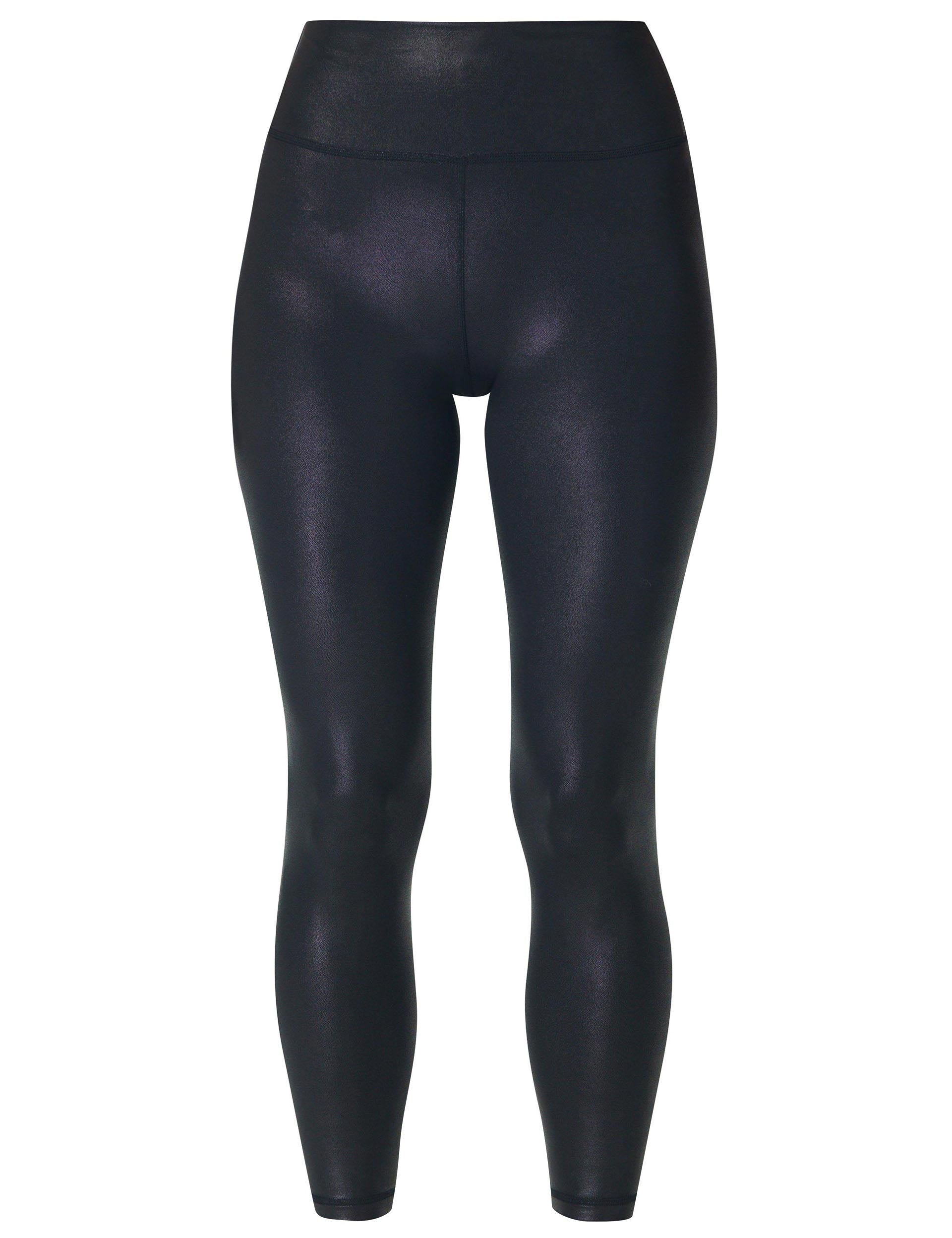 Glow Shine High Waist 7/8 Yoga Leggings for Women - Black | Moisture-Wicking & Stretchy Workout Pants for Running, Gym & Lounge