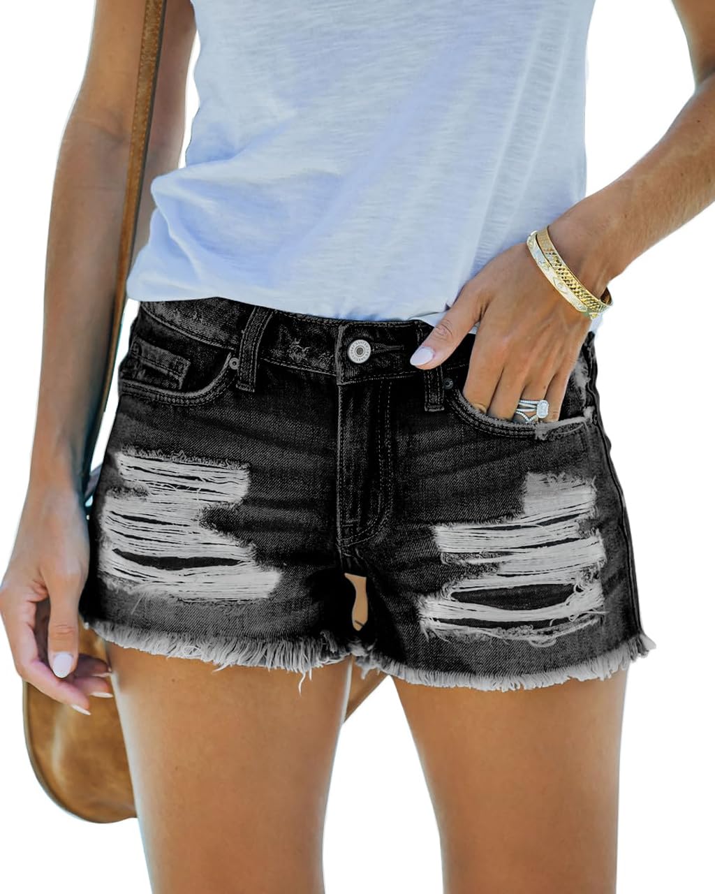 Women's Mid Rise Ripped Stretchy Jean Shorts with Frayed Raw Hem - Comfortable Casual Denim Shorts for Summer Outfits, Beach Vacations & Street Style Fashion