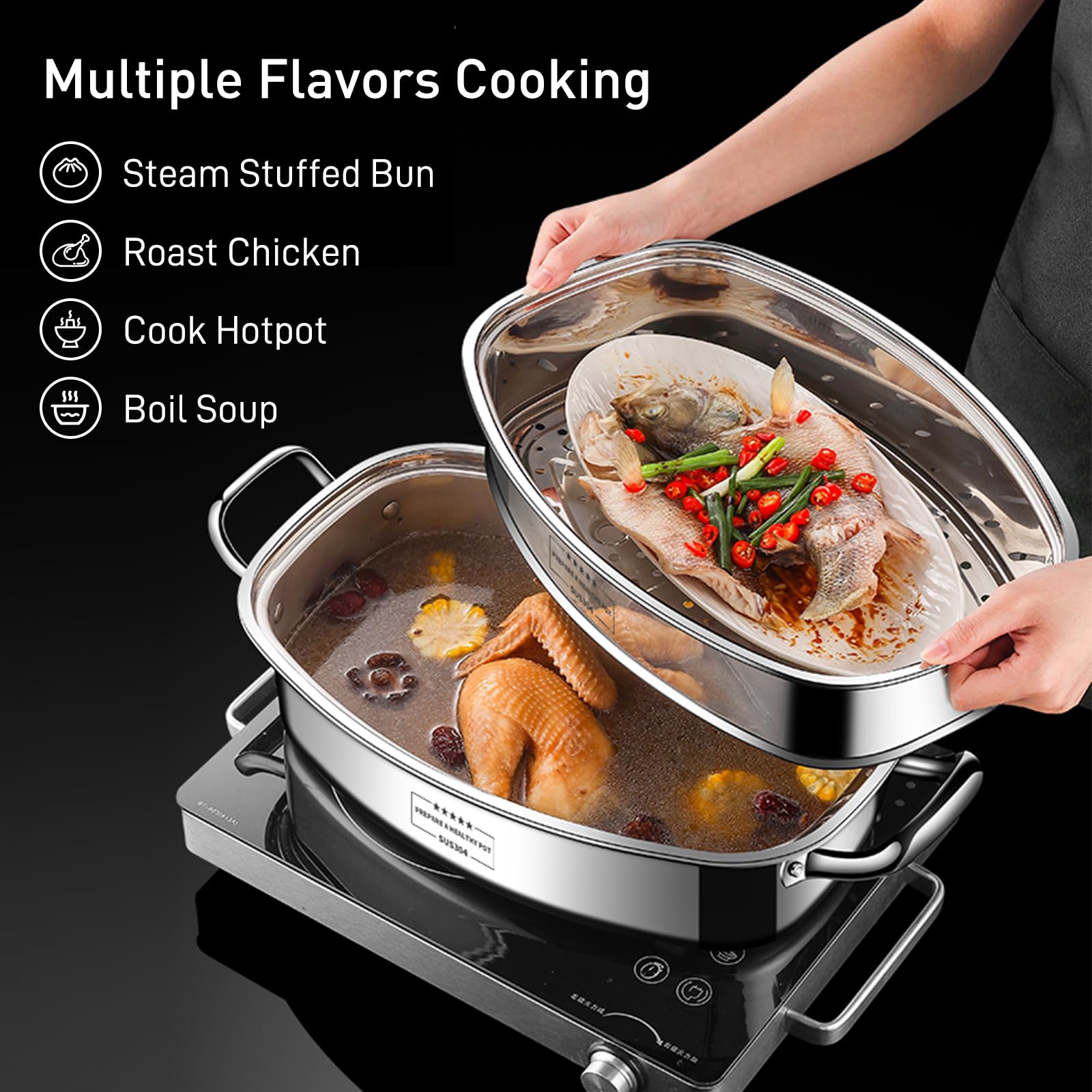 Eglaf 2-Tier Stainless Steel Fish Steamer Pot with Rack - Multi-Purpose Square Steamer Cookware Set Includes Ceramic Plate, Chuck & Oven Mitts - Perfect for Steaming Fish, Vegetables, Seafood & Making Soup - Ideal for Home Cooking, Restaurants & Outdoor BBQ