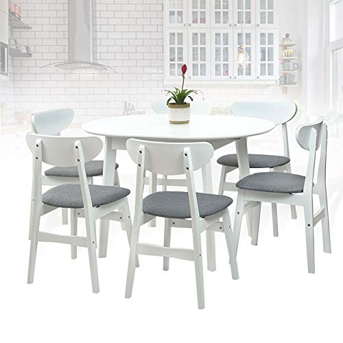 6-Piece Yumiko Modern Dining Set - Solid Wood Extendable Round Table & Padded Chairs with Light Gray Cushions (White Finish) - Perfect for Small Kitchen, Breakfast Nook or Cozy Apartment Dining Area