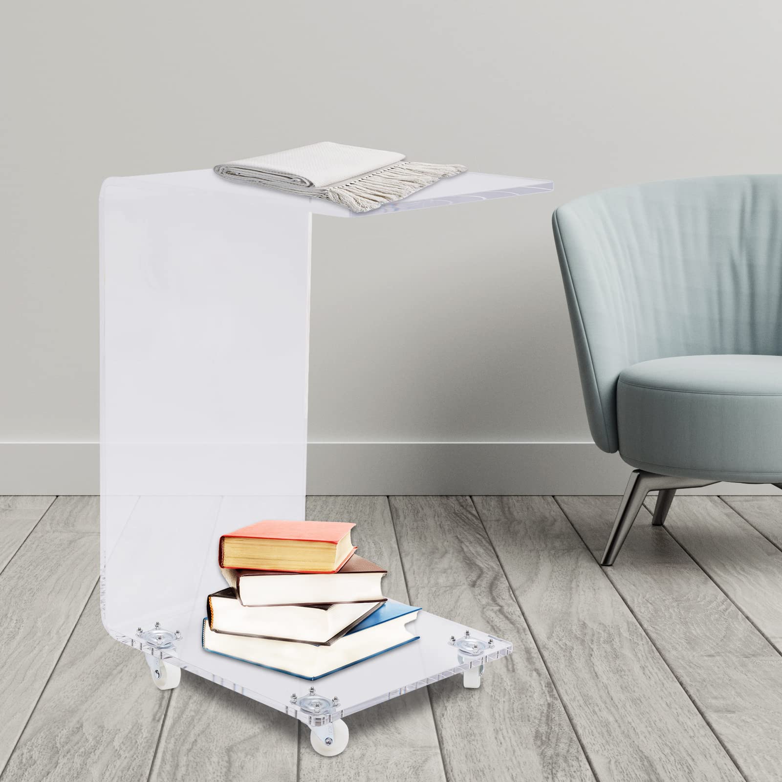 Small Couch Side Table - C-Shaped Acrylic End Table with Wheels | Clear Movable Nightstand for Living Room, Bedroom & Small Spaces | Perfect for Sofa, Reading Nook & Studio Apartments