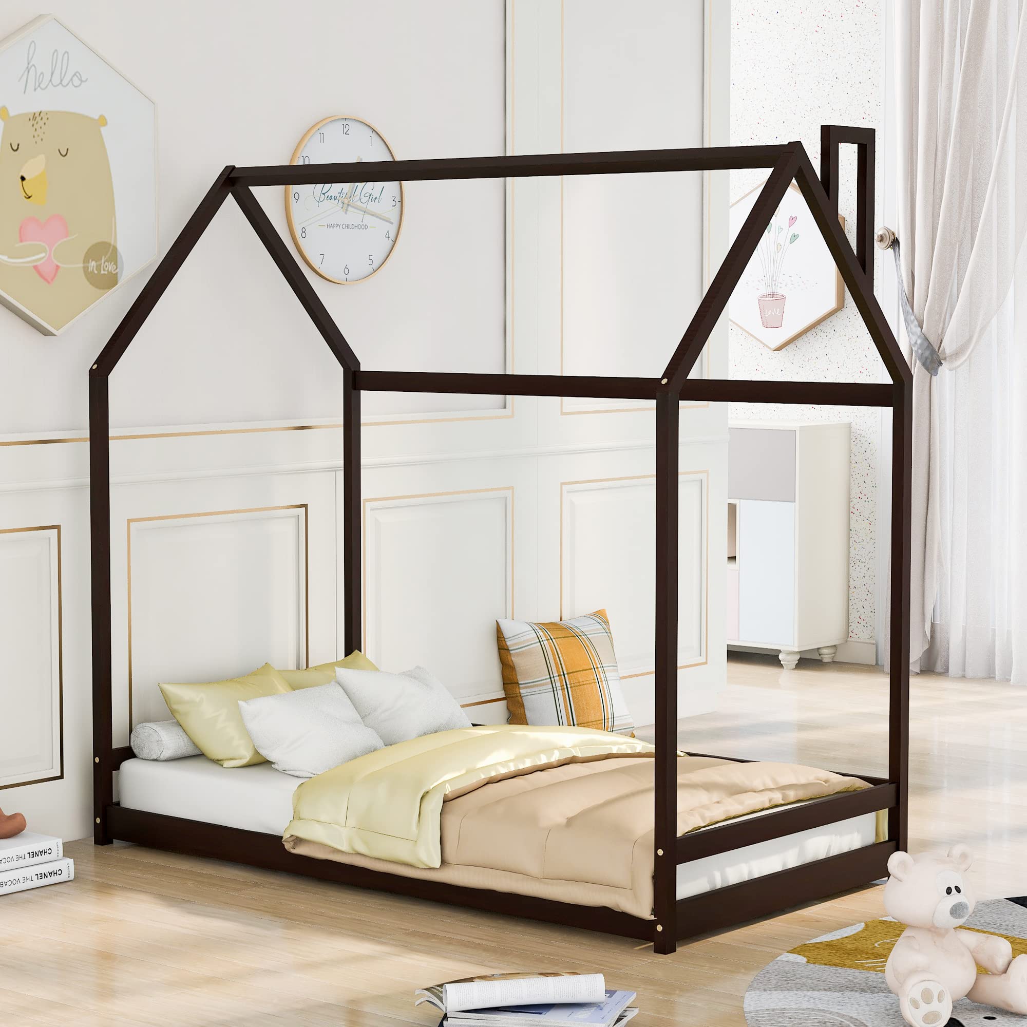 Harper & Bright Designs Wooden Twin Size House Bed for Kids & Teens - Cabin Style with Wood Roof, Floor Bed in Espresso Finish | Perfect for Bedrooms, Playrooms & Montessori Spaces