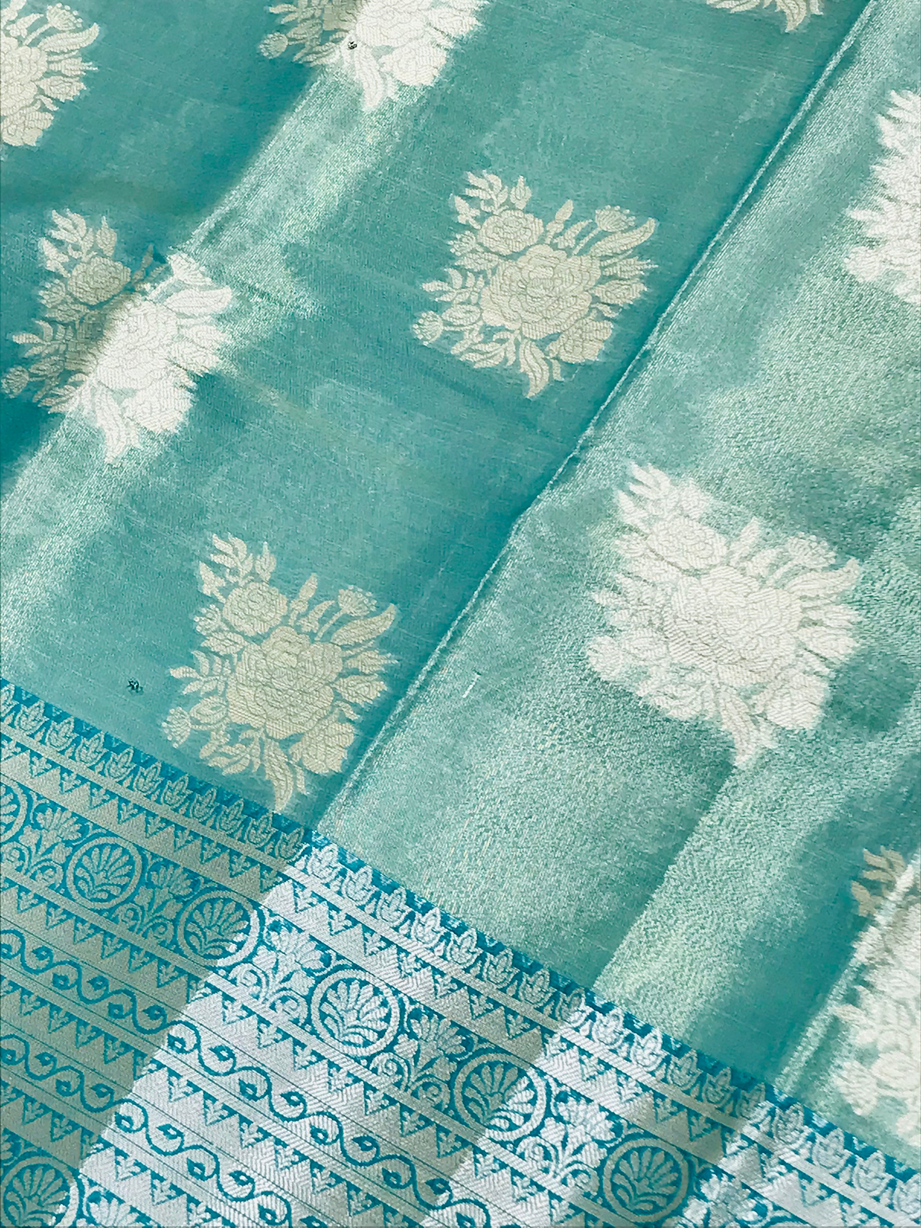 Elegant Green Pure Kanchi Tissue Silk Saree with Silver Zari Work for Women | Traditional Indian Attire for Weddings & Festive Occasions