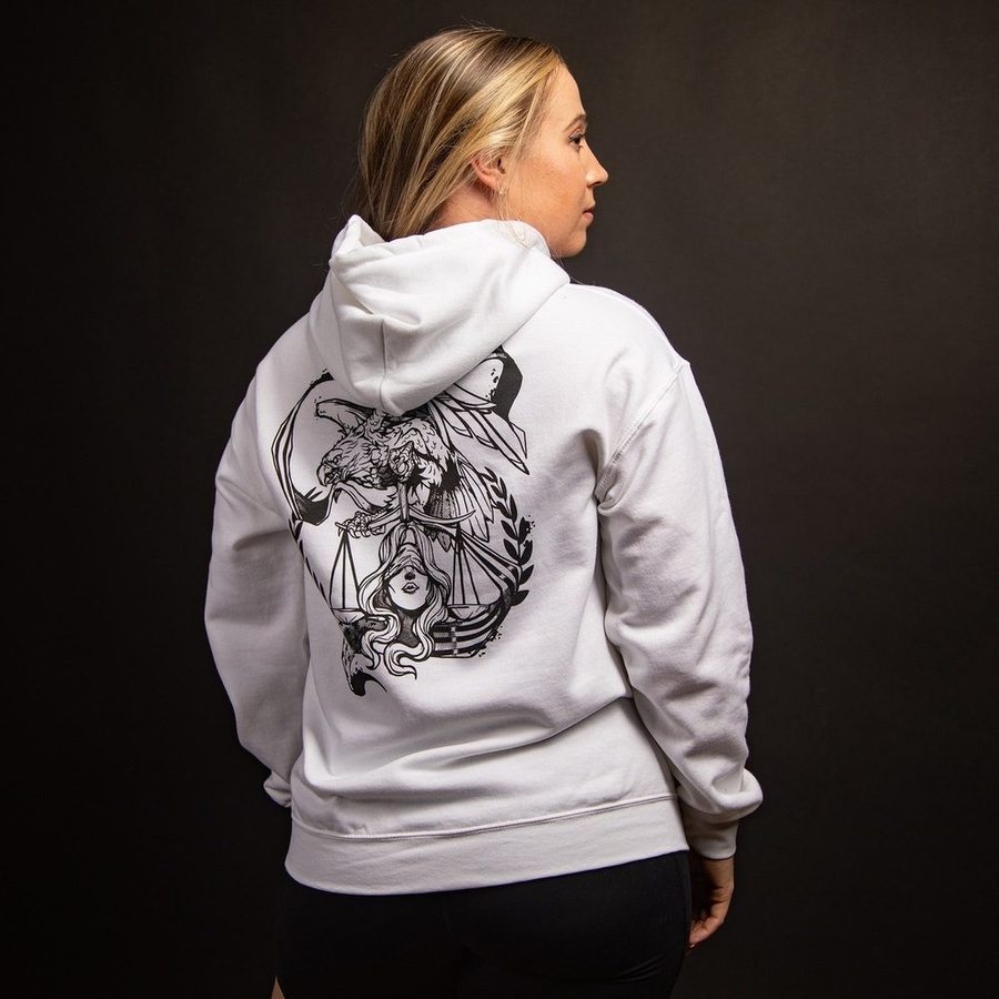 Liberty & Justice Hoodie - White | Patriotic American Pullover Sweatshirt for Men & Women | Perfect for 4th of July, Veterans Day & Casual Wear