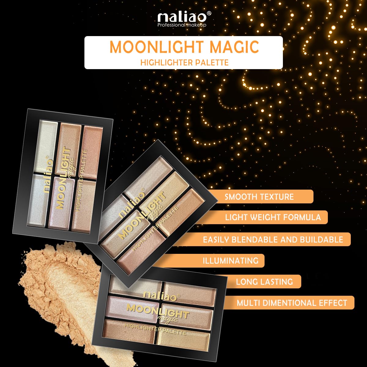 Maliao Moonlight Magic Highlighter Palette (01) - Shimmering Face Highlighter for Cheekbones & Contour | Vegan & Cruelty-Free Makeup | Perfect for Night Out, Photoshoots & Special Occasions