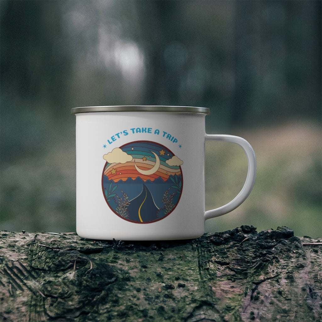 Camping Mug with Adventure Graphic - Insulated Enamel Travel Coffee & Tea Cup for Outdoor Hiking, Backpacking, and Road Trips - Perfect Gift for Campers and Travel Lovers