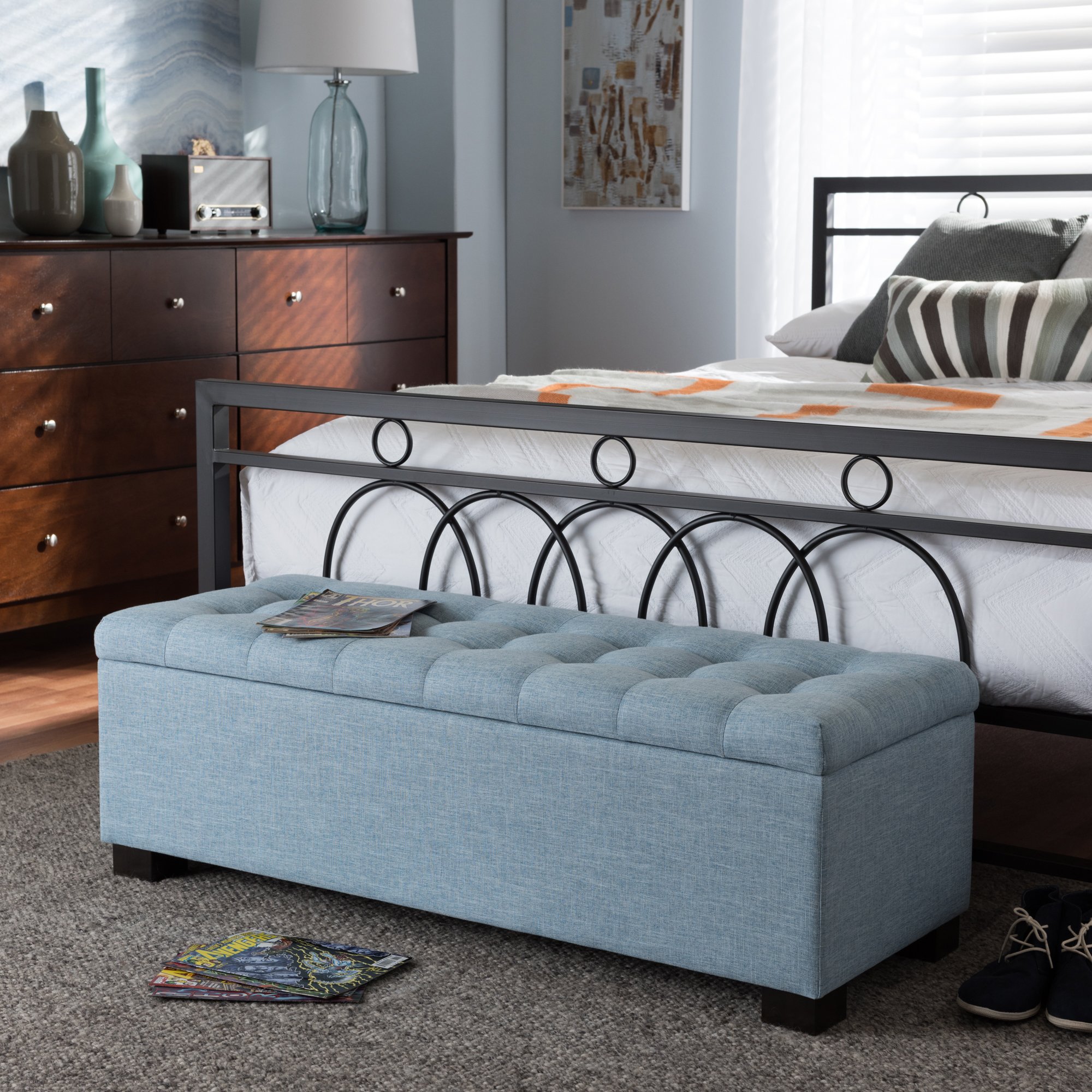 Baxton Studio Sherell Modern Classic Fabric Upholstered Button-Tufted Storage Ottoman Bench in Light Blue - Perfect for Living Room, Bedroom & Entryway Storage