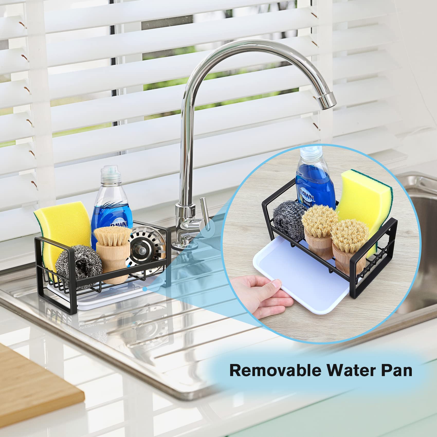 Black Kitchen Sink Caddy Organizer - Sponge & Dish Soap Holder with Drain Tray - Perfect for Kitchen Sink Organization & Countertop Storage