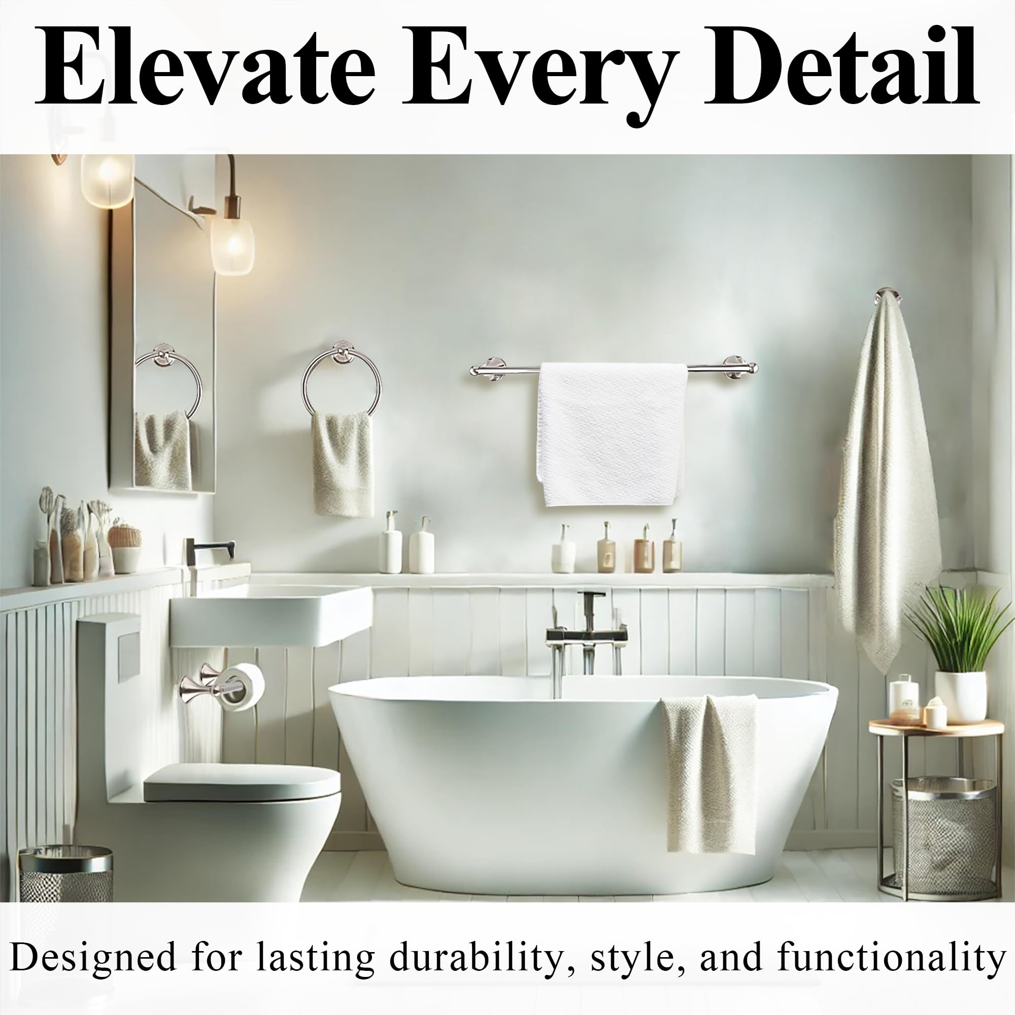4-Piece Brushed Nickel Bathroom Hardware Set - Towel Rings, Hooks & Bar for Wall Mounting - Stainless Steel Towel Holder Set for Modern Bathrooms - Perfect for Home, Hotel & Spa Decor