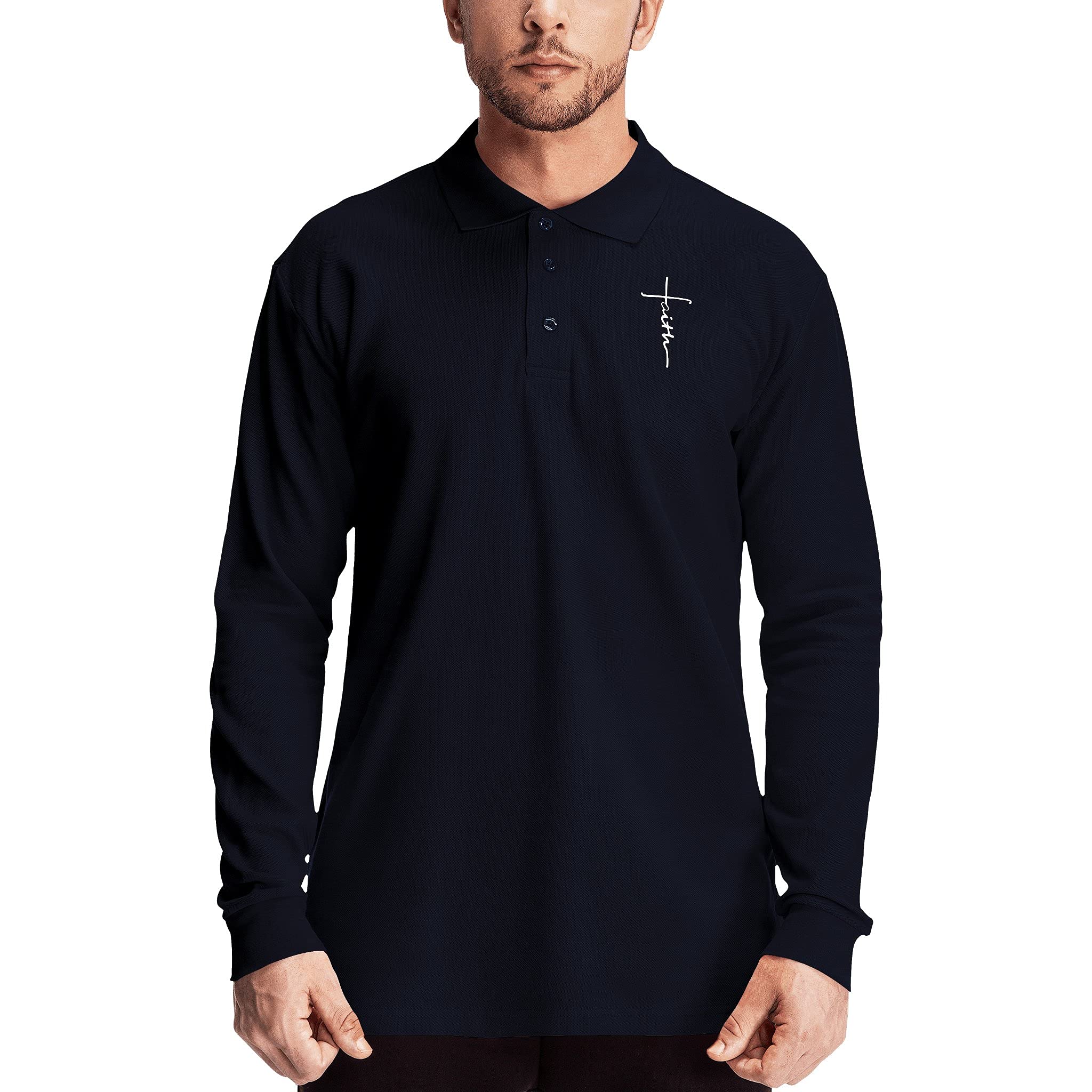 Cross Faith Jesus Cotton Polo T-Shirts for Men - Religious Christian Long Sleeve Summer Shirts - Church Worship & Everyday Casual Wear