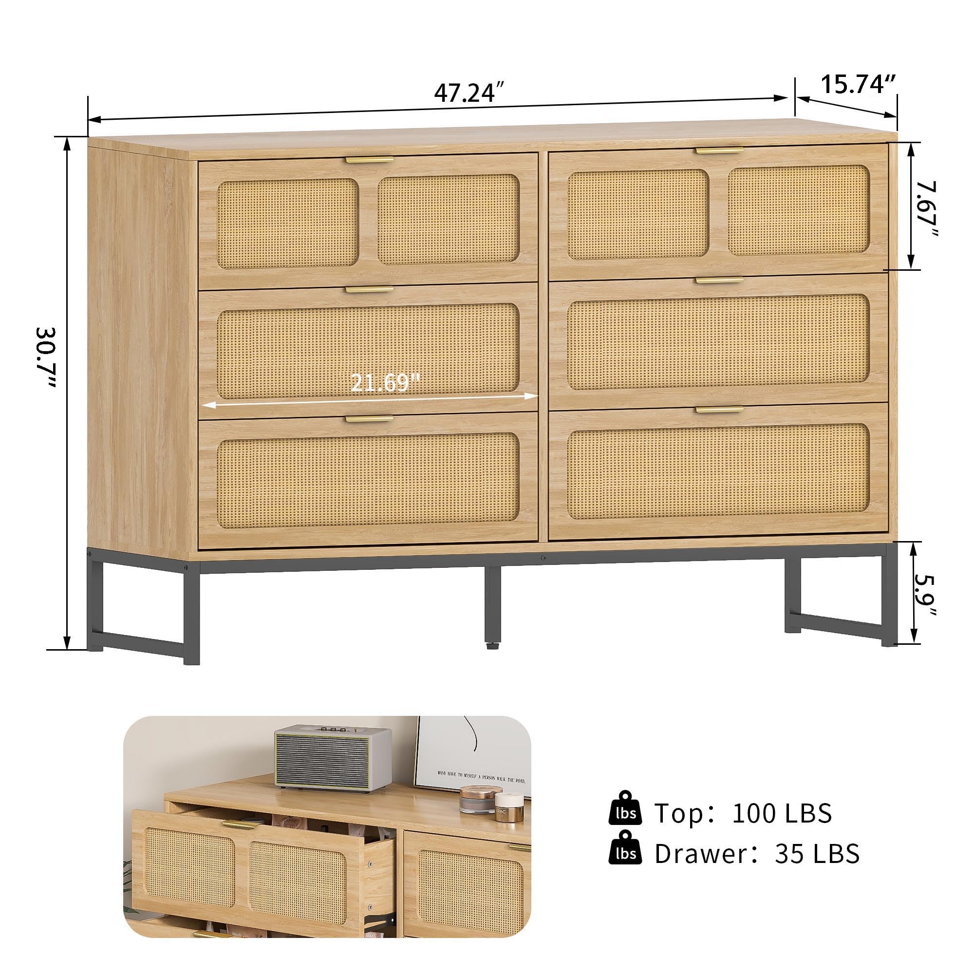 Boho Rattan 3-Piece Bedroom Set with 6-Drawer Dresser & Nightstand - Natural Woven Storage Cabinet Furniture Set for Master Bedroom, Guest Room, or Apartment Decor