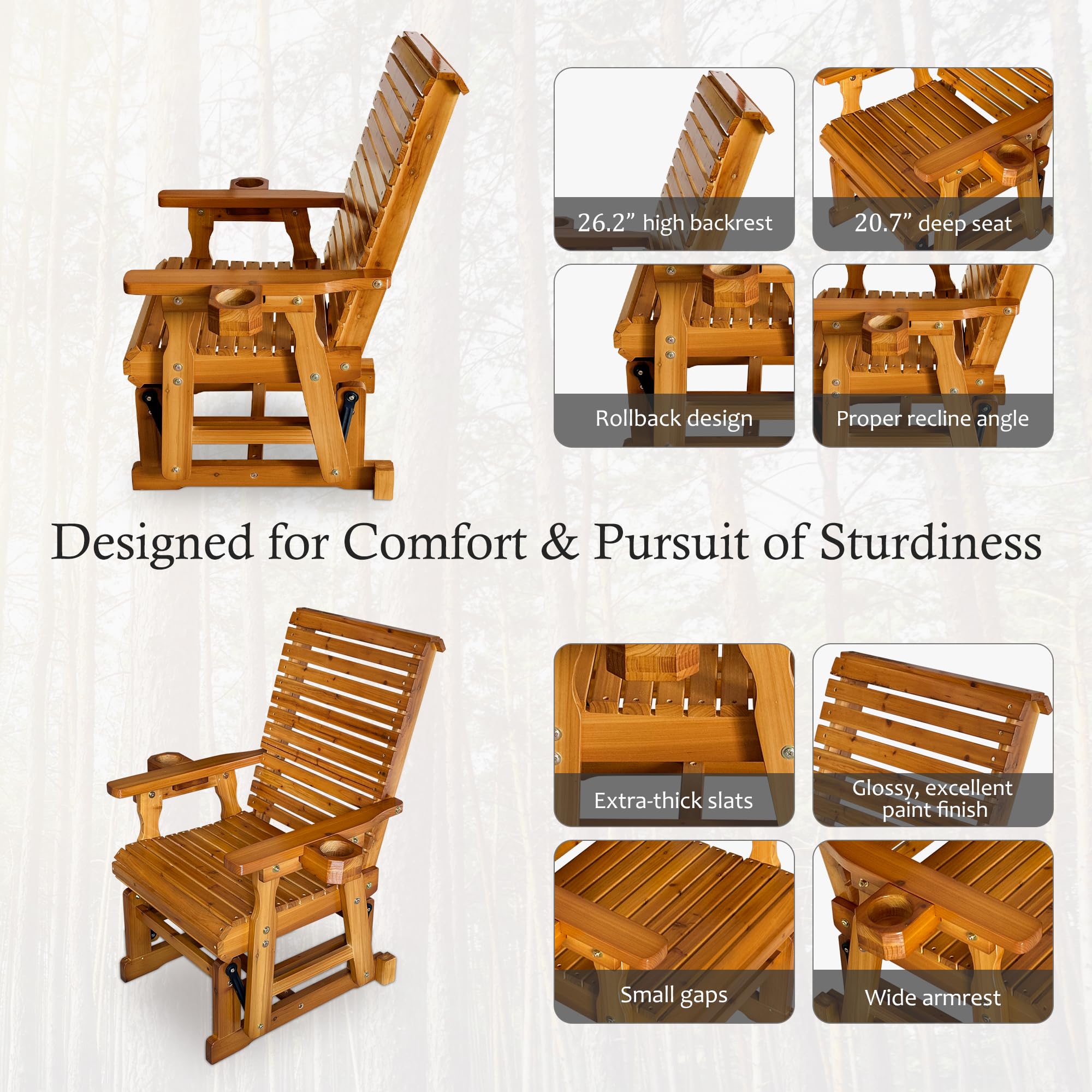 Fortune Candy Wooden Patio Glider - Single Person Outdoor Swing Chair with High Backrest & Deep Contoured Seat, Solid Fir Wood Construction, 600 LB Weight Capacity (Cedar Tone, Bridge Back) - Perfect for Porch, Garden, Deck Relaxation