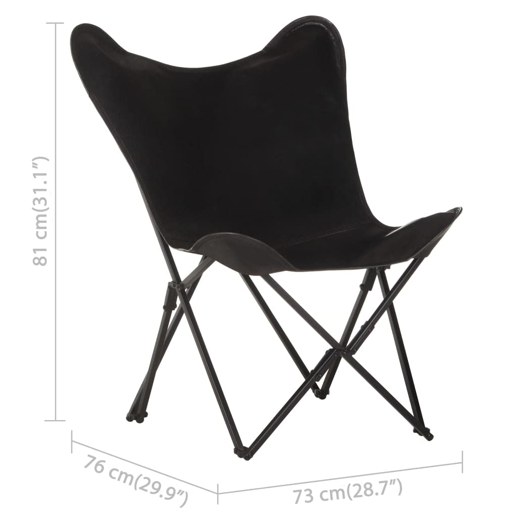 Foldable Butterfly Chair - Black Genuine Leather for Outdoor, Patio, Camping & Relaxation