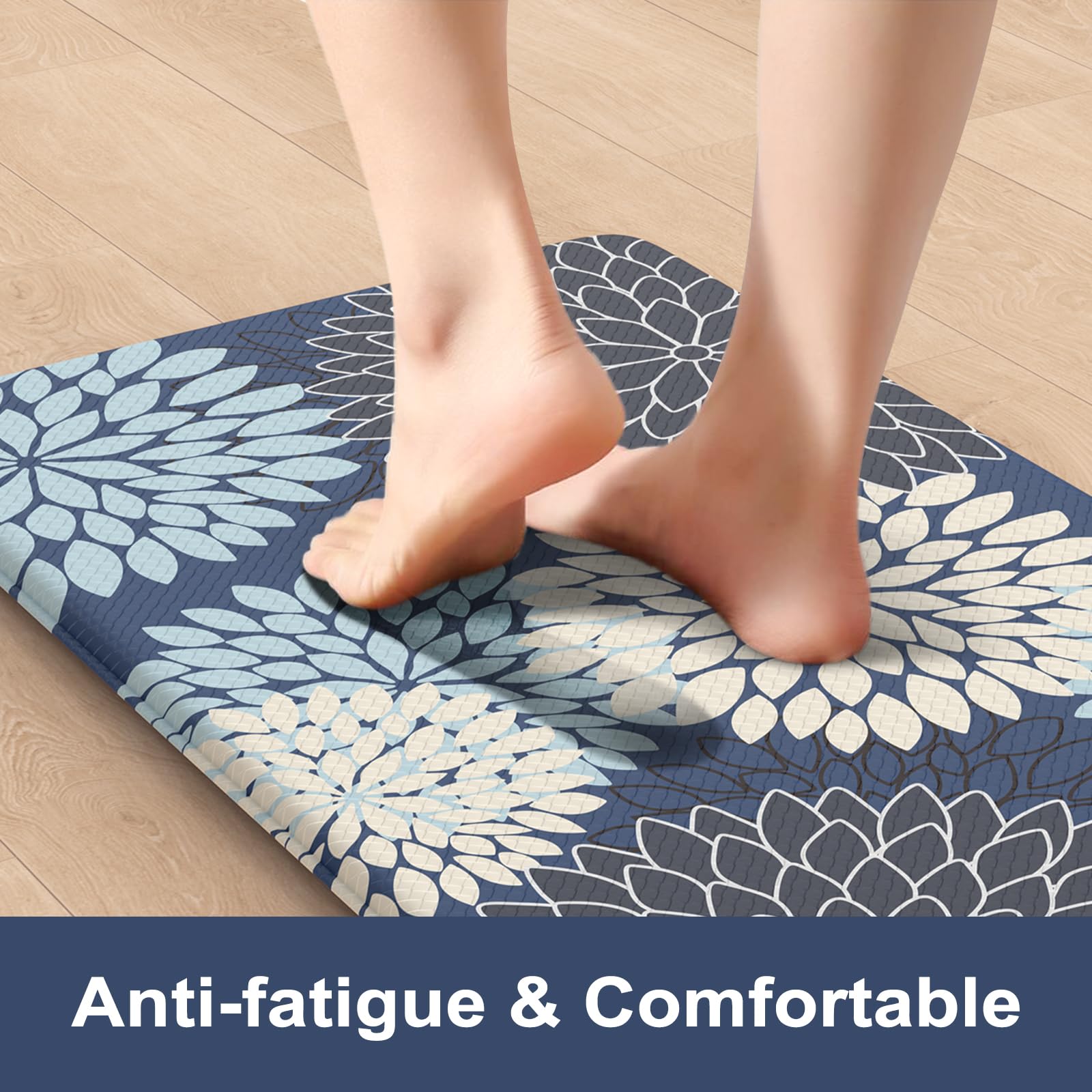Anti-Fatigue Kitchen Mats 2-Pack - Non-Slip Boho Farmhouse Rugs with Cushioned Support & Waterproof Rubber Backing for Standing Comfort in Kitchen, Laundry, Sink & Office (Multi-Blue) - Perfect for Cooking, Dishwashing & Long Work Hours