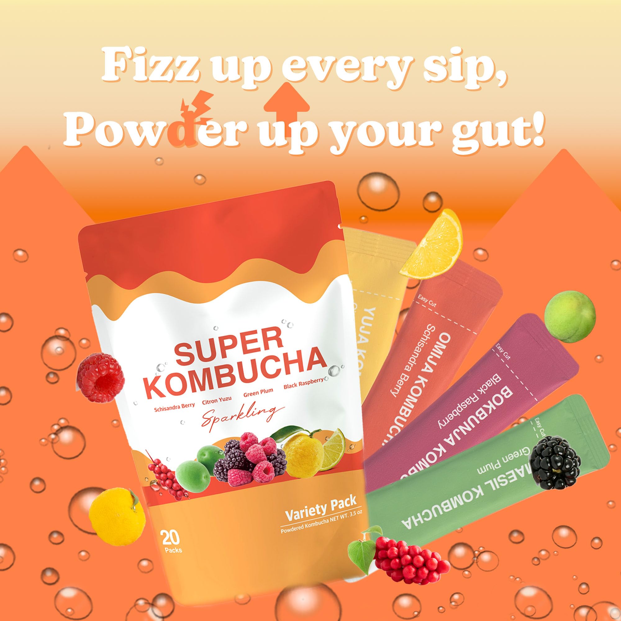 Organic Kombucha Powder Variety Pack - 20 Servings | Schisandra Berry, Green Plum, Black Raspberry, Citron & Yuzu Flavors | Probiotic Drink Mix for Gut Health | Great for Homemade Kombucha, Smoothies & Healthy Sodas
