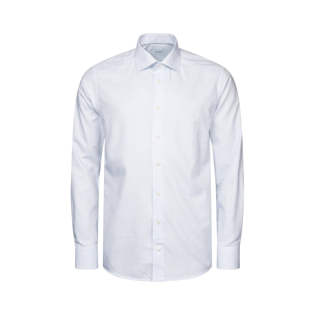 ETON Men's Classic Fit Check Cotton Tencel Dress Shirt with Single Cuff - Light Blue | Business Casual & Office Wear | Breathable & Comfortable for Work & Formal Occasions