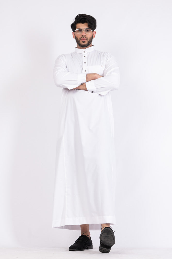 Premium White Mandarin Cuff Thobe for Men - Traditional Arabic Robe with Elegant Embroidery - Perfect for Eid, Weddings & Special Occasions