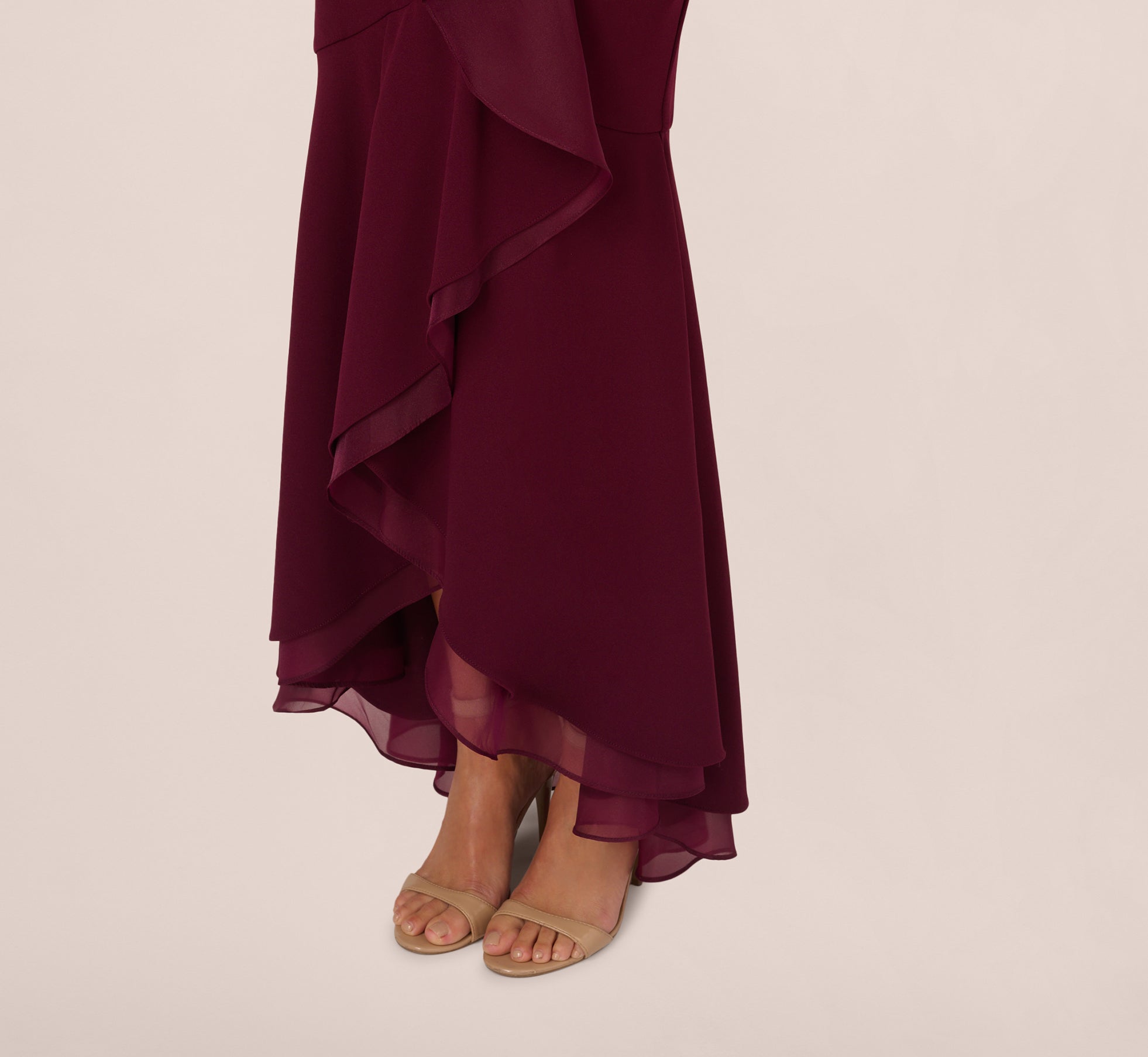 Elegant High Low Crepe Halter Gown with Organza Draping in Cabernet - Perfect for Evening Parties, Prom Dresses & Special Occasions