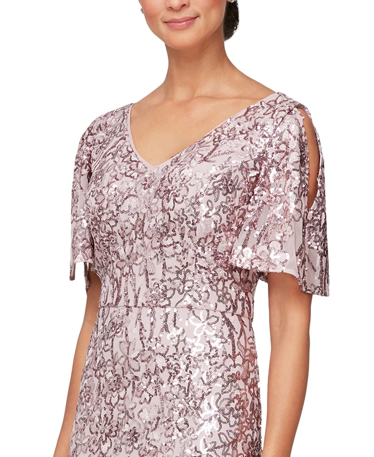 Alex Evenings Women's Long Sequin Mother of the Bride Dress with Cold Shoulder & Flutter Sleeves - Petite & Regular Sizes | Formal Wedding Guest, Evening Gala, Special Occasion Attire