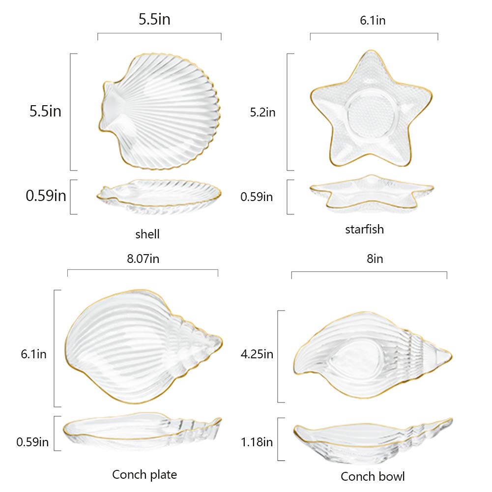 Elegant Clear Glass Dessert Plates & Salad Bowls - Decorative Ocean Conch Jewelry Tray, Ring Dish Holder for Wedding, Valentine's Day | Perfect for Serving Fruits, Vegetables, Biscuits & Party Appetizers