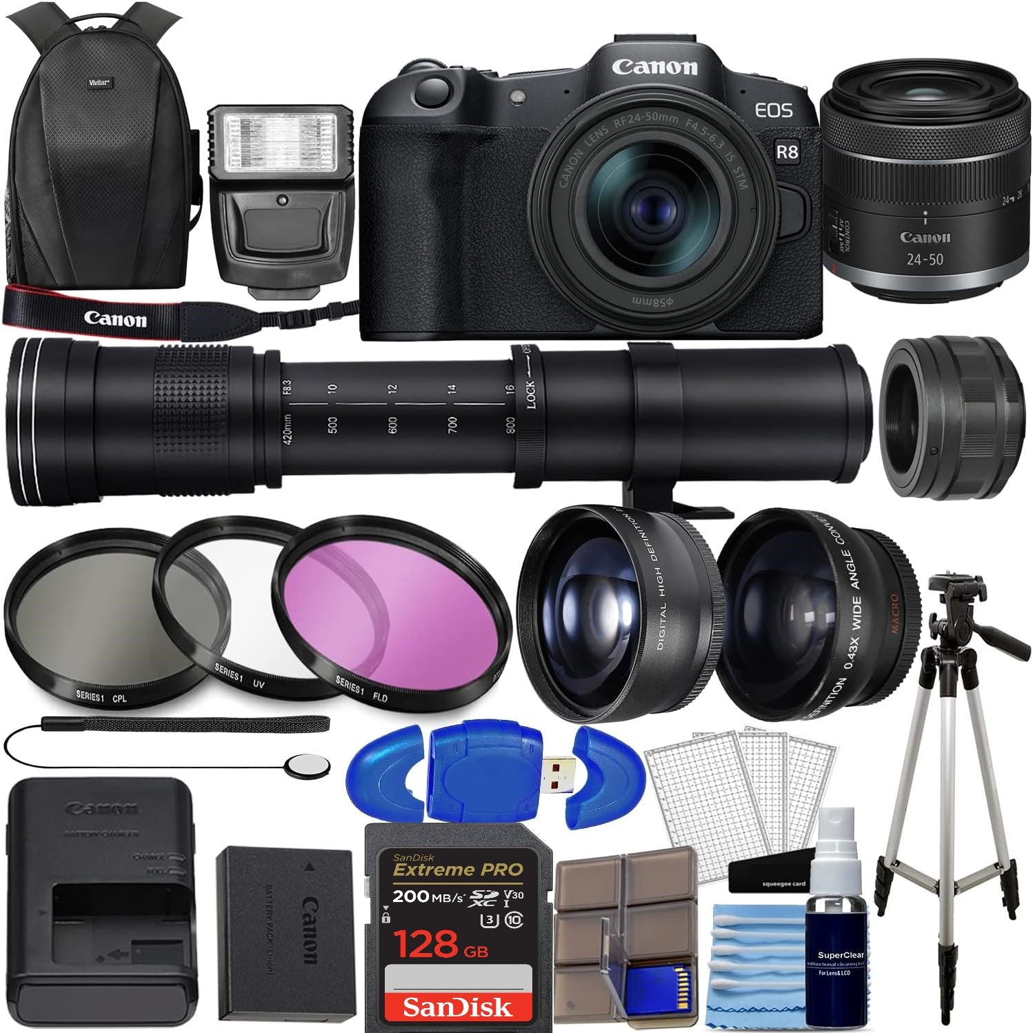 Canon EOS R8 Full Frame Mirrorless Camera with RF 24-50mm f/4.5-6.3 IS STM Lens Kit | Includes 420-800mm Telephoto Zoom Lens & Wide Angle Lens | Perfect for Travel Photography, Vlogging & Professional Shooting