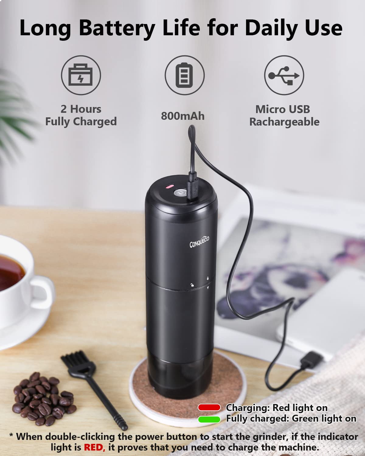 Premium Portable Electric Burr Coffee Grinder - Rechargeable Stainless Steel Conical Burr Grinder with 15 Precise Settings for Espresso, French Press & Cold Brew - 20g Capacity (Includes Cleaning Brush) - Perfect for Home, Office & Travel Use