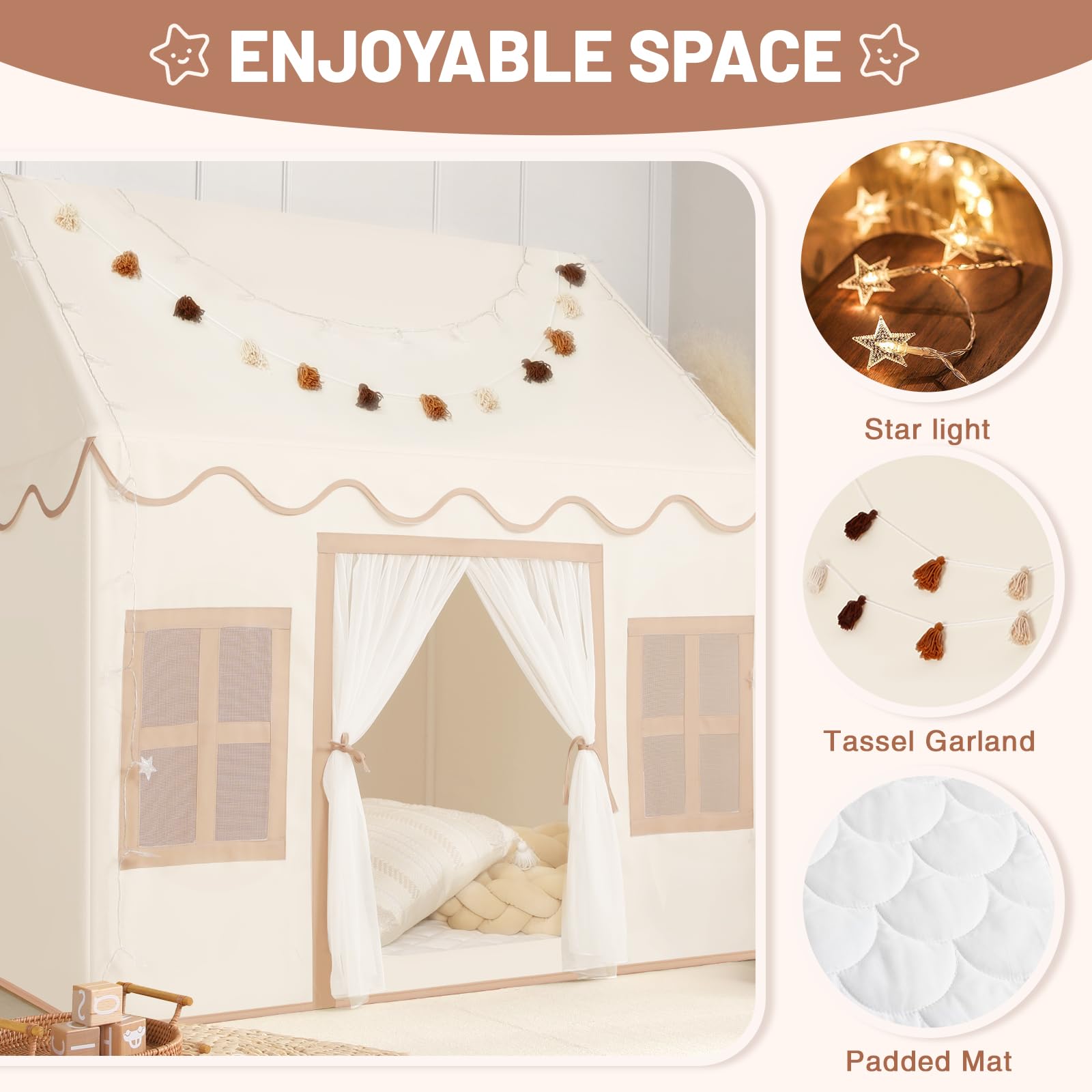Kids Play Tent Indoor with Mat, Tassel Garland & Star Lights - Foldable Playhouse for Toddlers & Children | Perfect for Boys & Girls Birthday Gifts, Bedroom Decor, Reading Nook & Imaginative Play