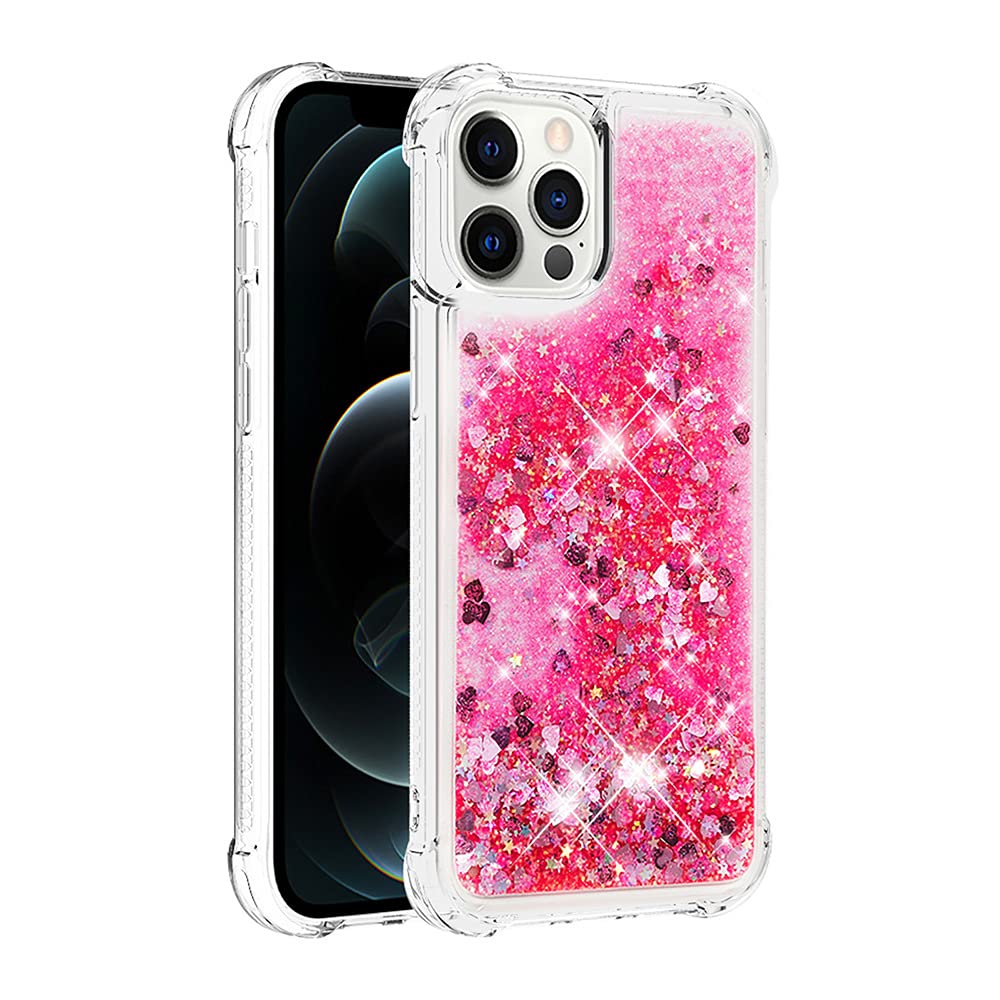 **Glitter Liquid Cute Clear Shockproof iPhone 12 Pro Max Case – Floating Quicksand Protective TPU Bumper Cover for 6.7 Inch (Love Pink) | Trendy & Durable for Daily Use, Travel & Gift Giving**