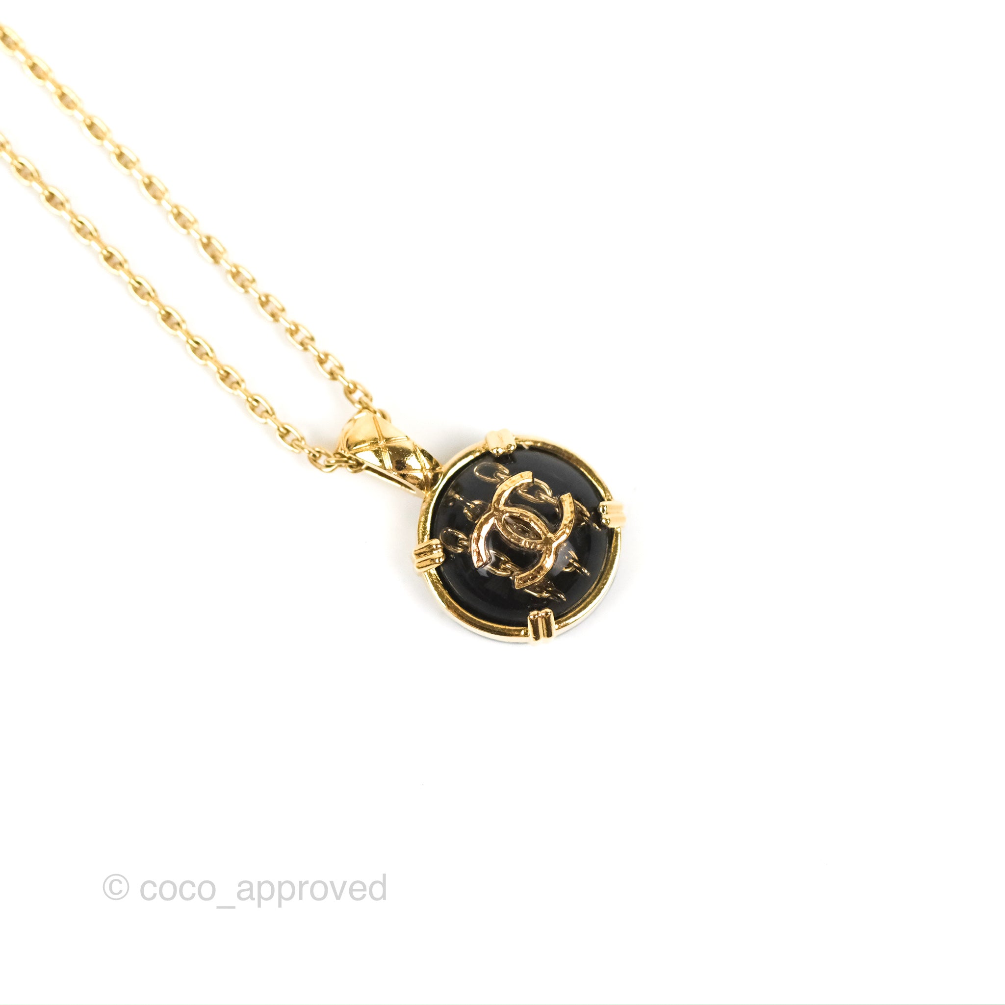 Chanel CC Chain Black Round Pendant Necklace in Gold Tone - 22A Collection | Elegant Jewelry for Women, Perfect for Parties, Dates & Special Occasions