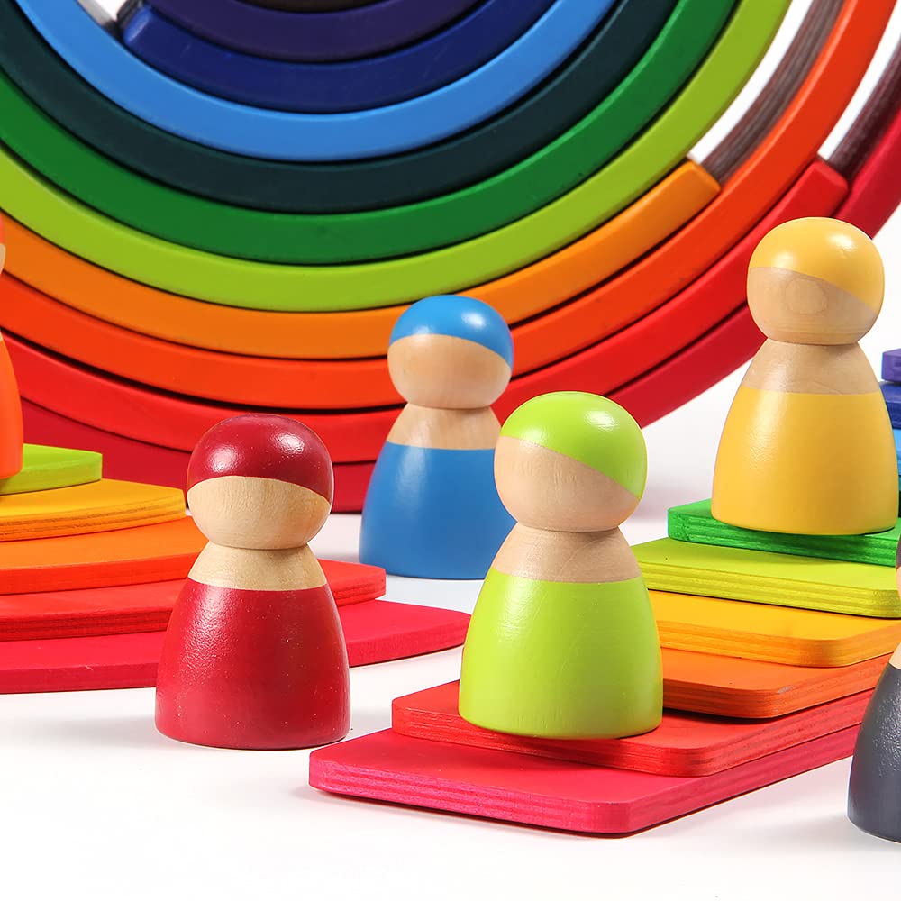 Wooden Rainbow Stacker Toy Set - Montessori Waldorf Educational Stacking Blocks with Semicircle Building Board - Open-Ended Learning Toy for Toddlers & Kids - Perfect Gift for Birthdays & Preschool Playtime (Rainbow Pack)
