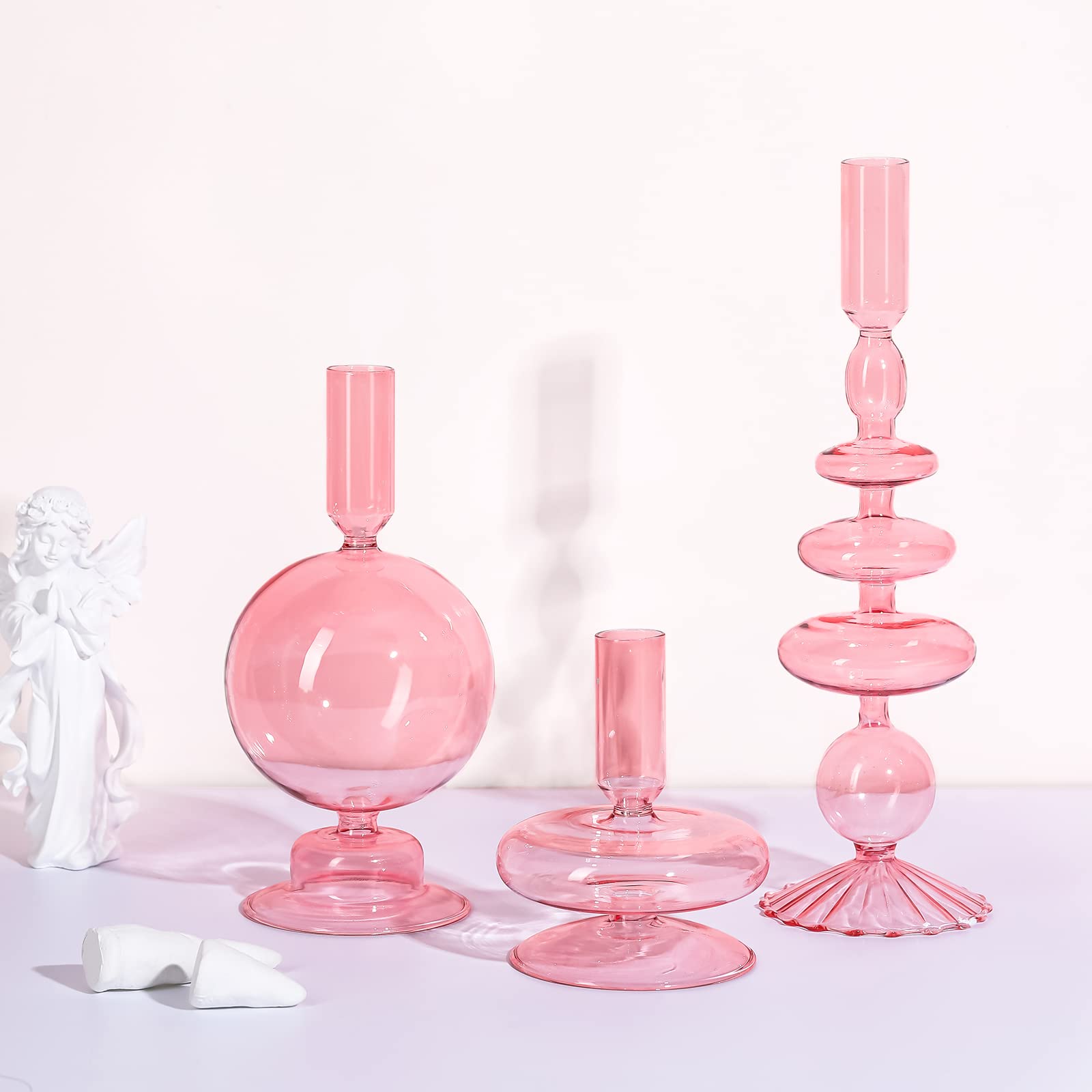Rtteri 3-Piece Set of Elegant Groovy Wavy Glass Taper Candlestick Holders - Pink Decorative Candle Holders for Home Decor, Wedding Centerpieces & Party Table Settings